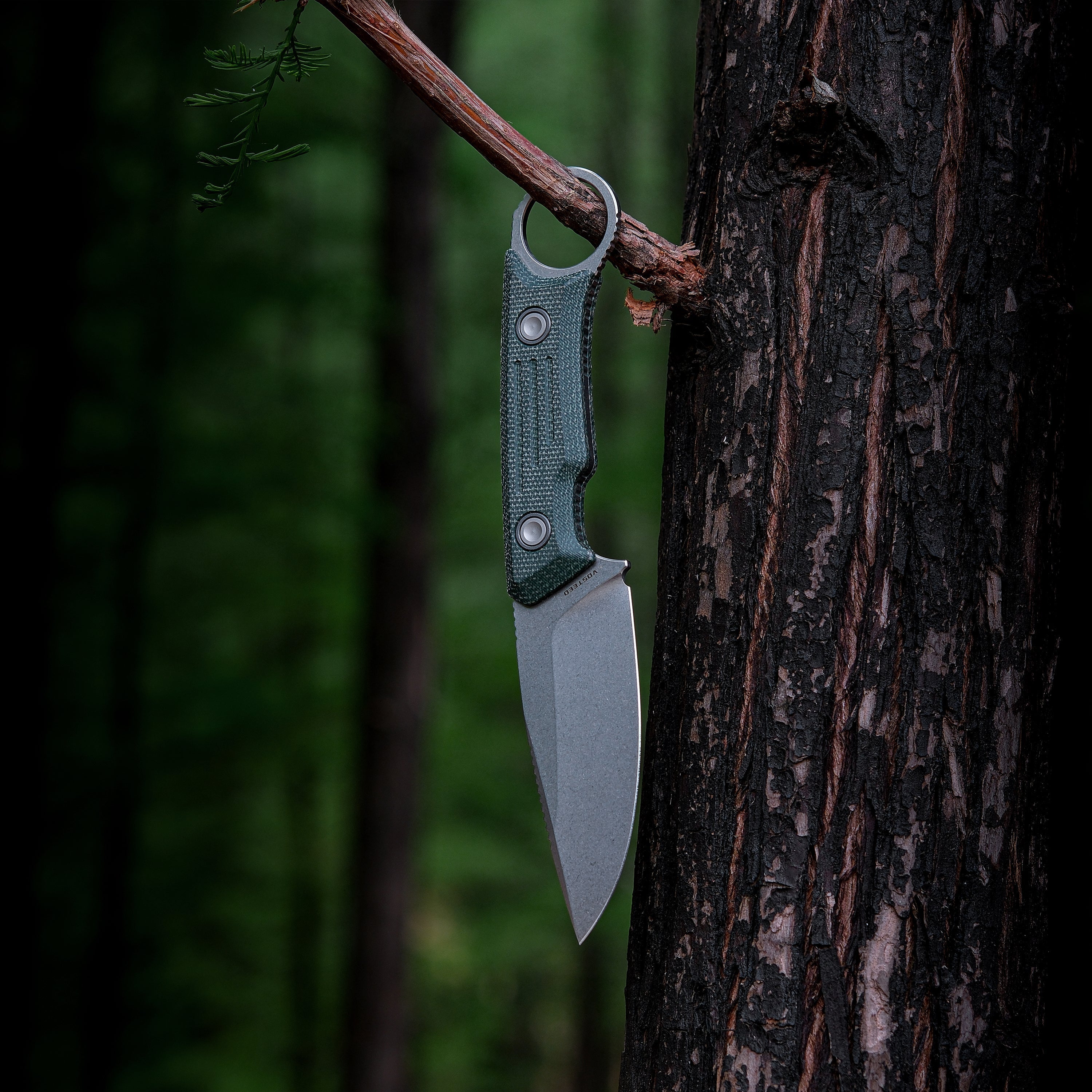 An EDC fixed blade knife with a green handle and finger ring hanging from a tree branch in a forest setting