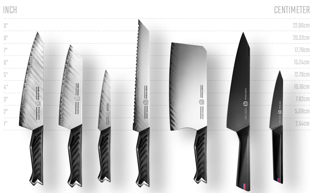 Comparison image of seven different VOSTEED kitchen knives (MORGAN and INCEPTOR series) showing various sizes against inch and centimeter rulers