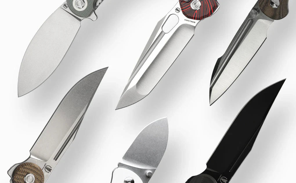 Various folding knife blade profiles displayed in a grid layout
