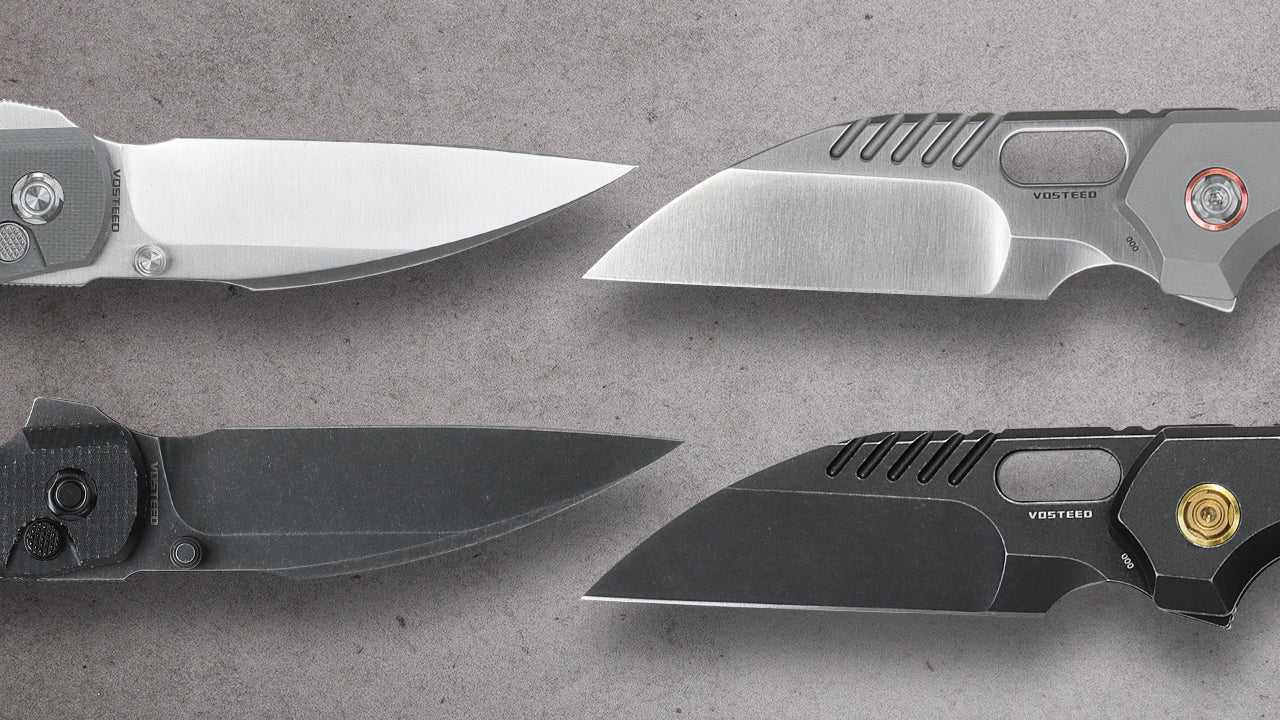 A showcase of multiple Wharncliffe knives featuring different blade shapes and colors, highlighting the diverse designs of Wharncliffe knives