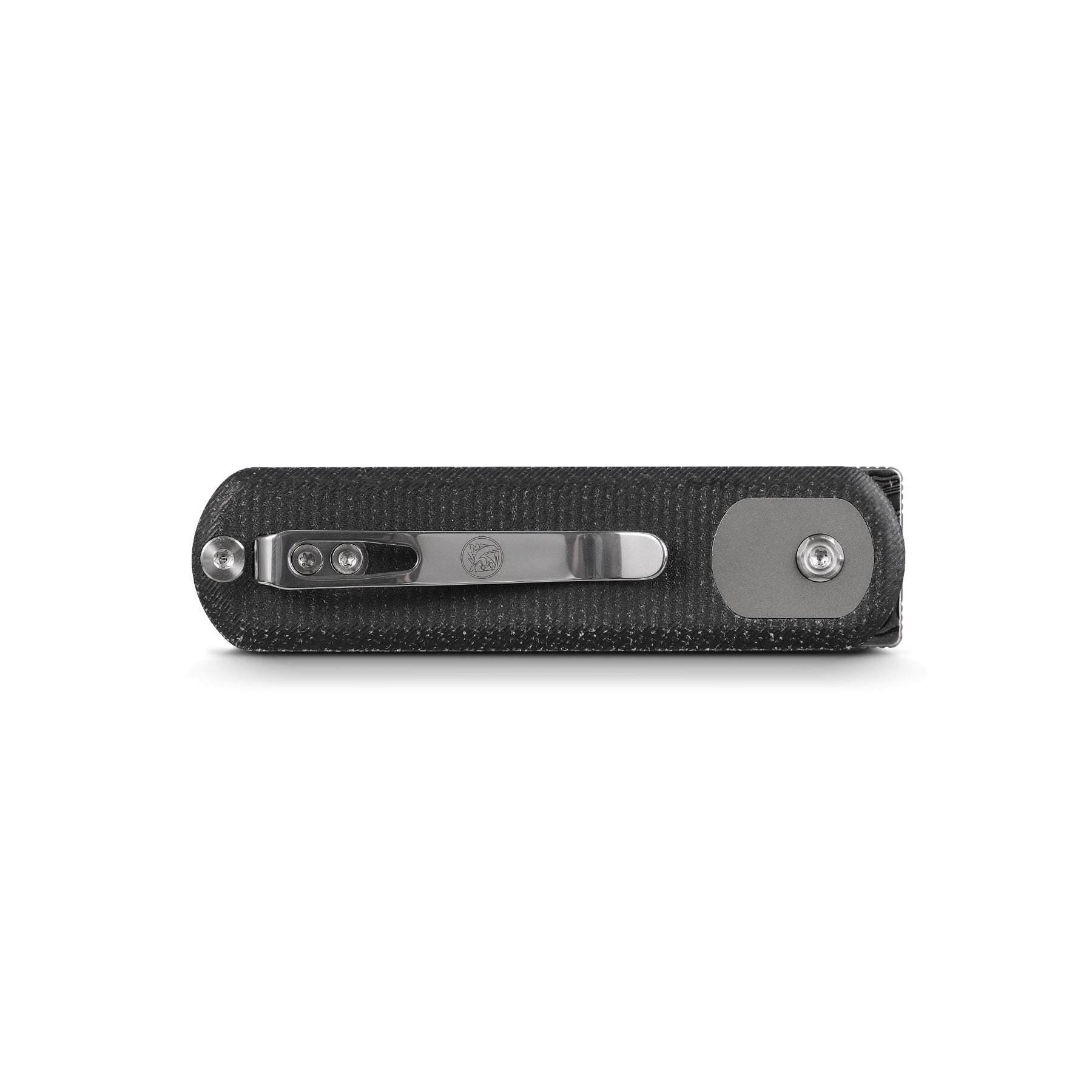 Vosteed Corgi Pup knife back view: Pocket clip and Micarta handle