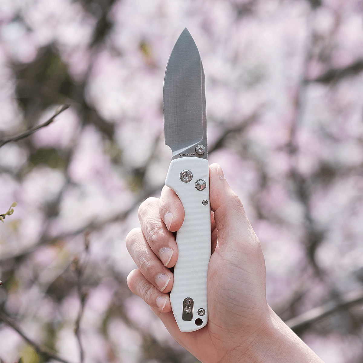 Vosteed Raccoon Button Lock Knife in hand