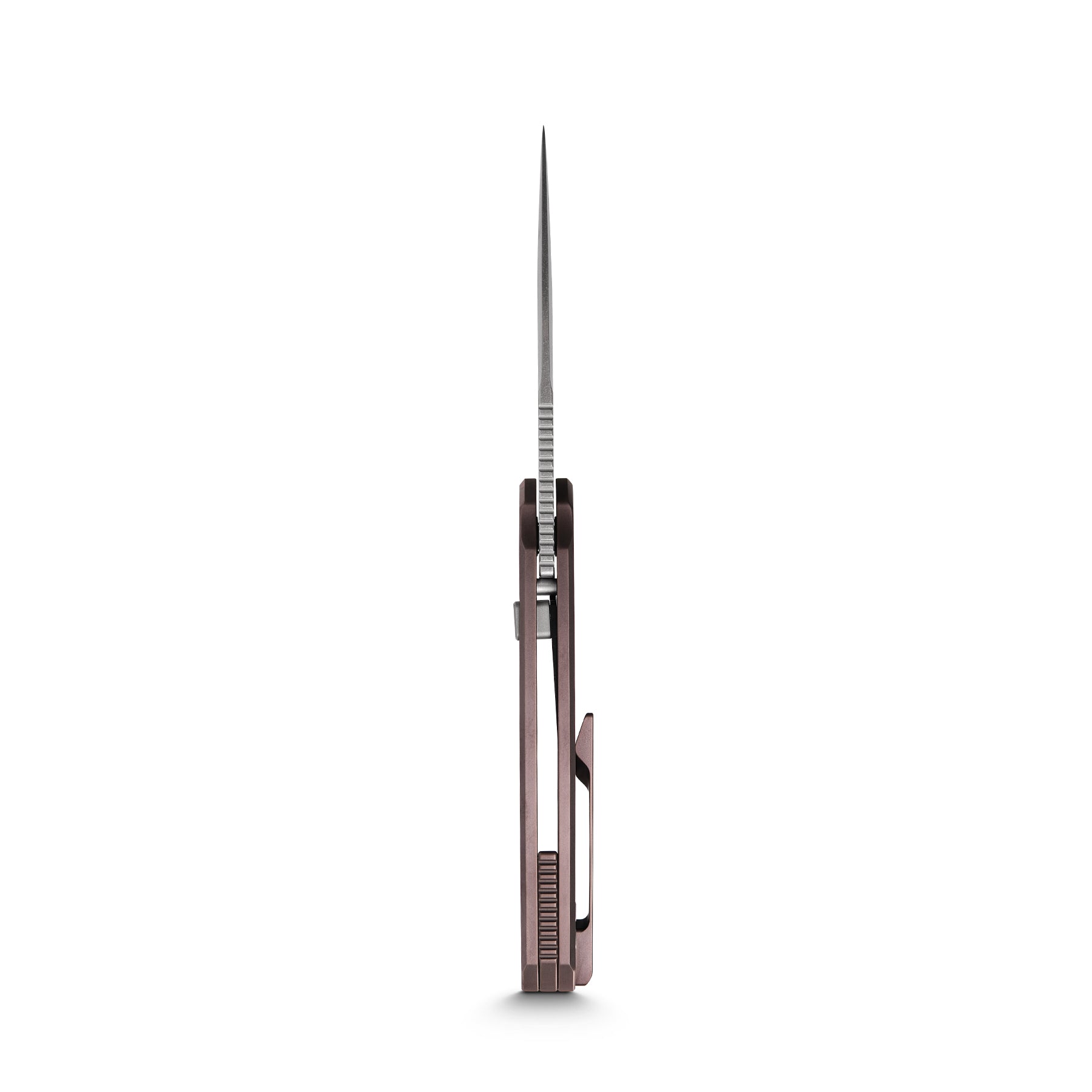 Vosteed Psyop knife side view, purple handle, Elmax blade
