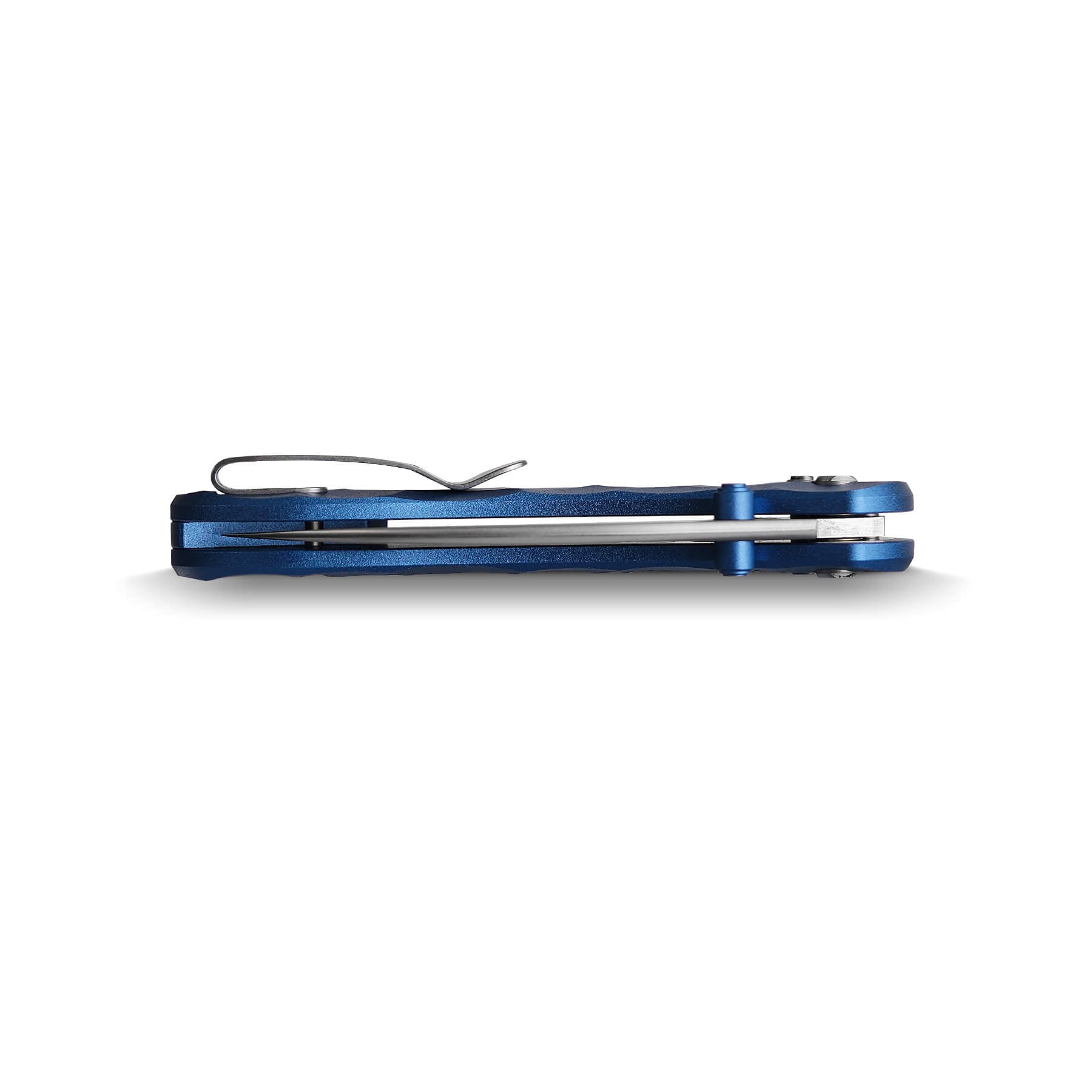 Blue Vosteed Mini Nightshade knife side view with pocket clip