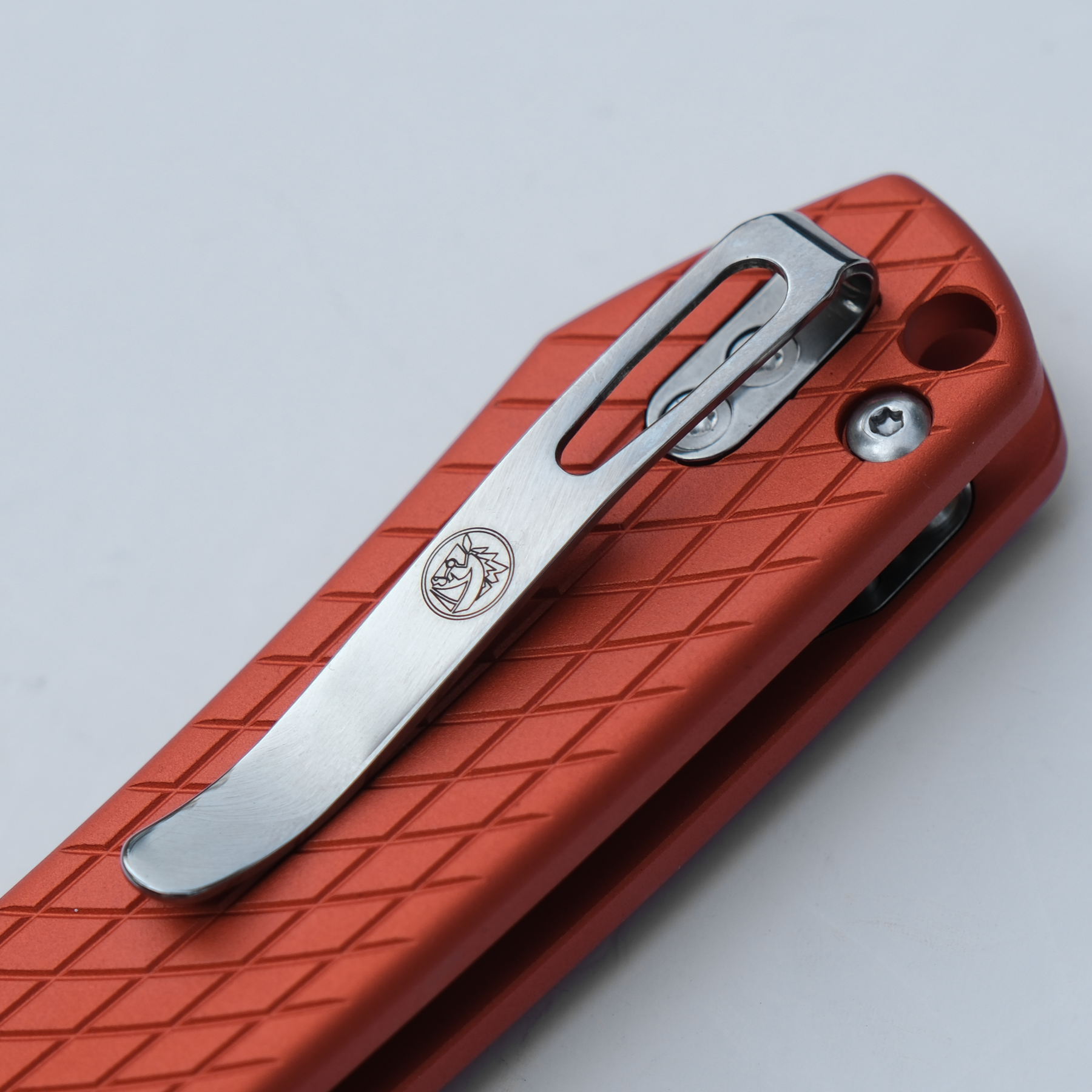 Vosteed Raccoon Knife, Orange Aluminum Handle and Pocket Clip Detail