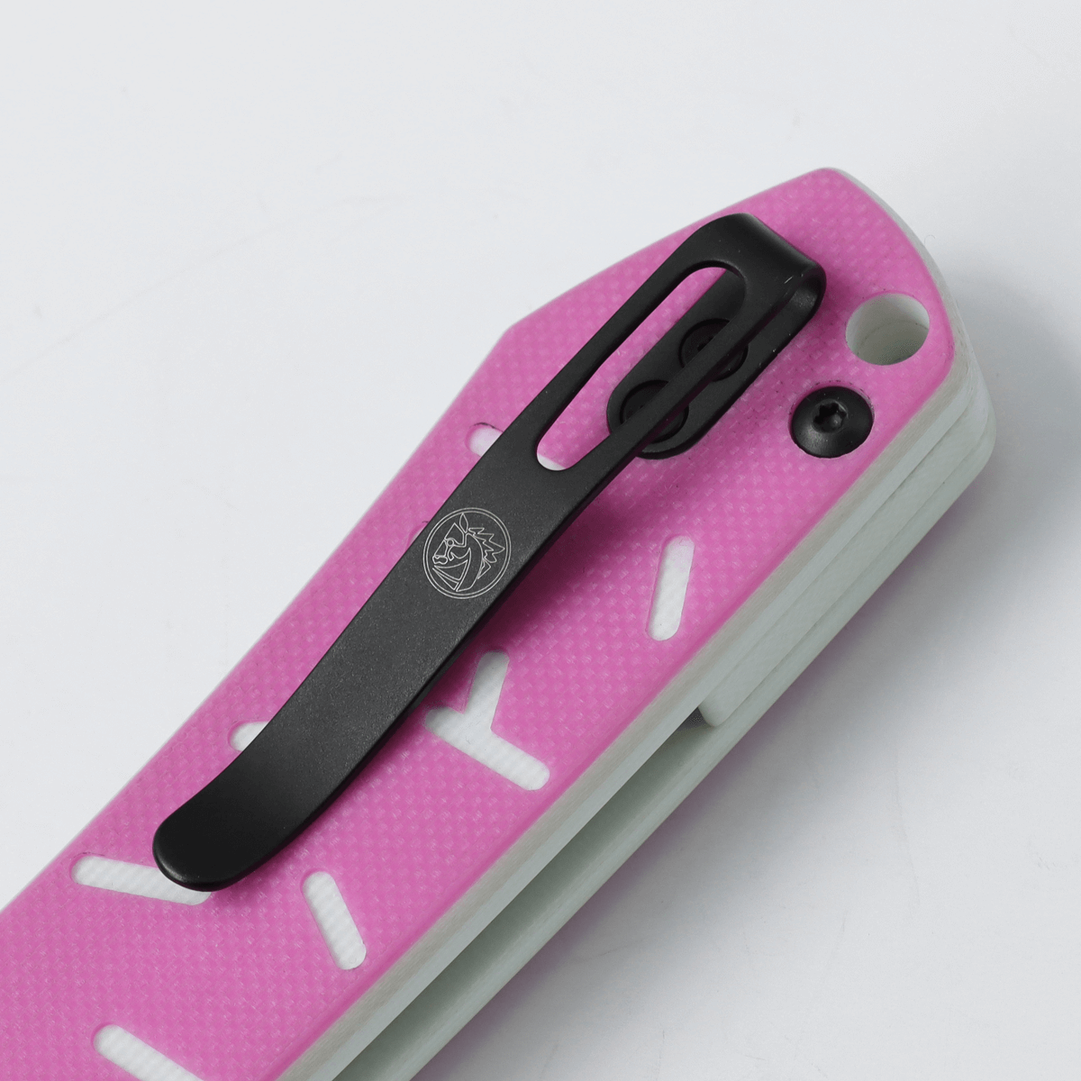 Vosteed Raccoon Knife - Close-up of Pocket Clip and Pink G10 Handle