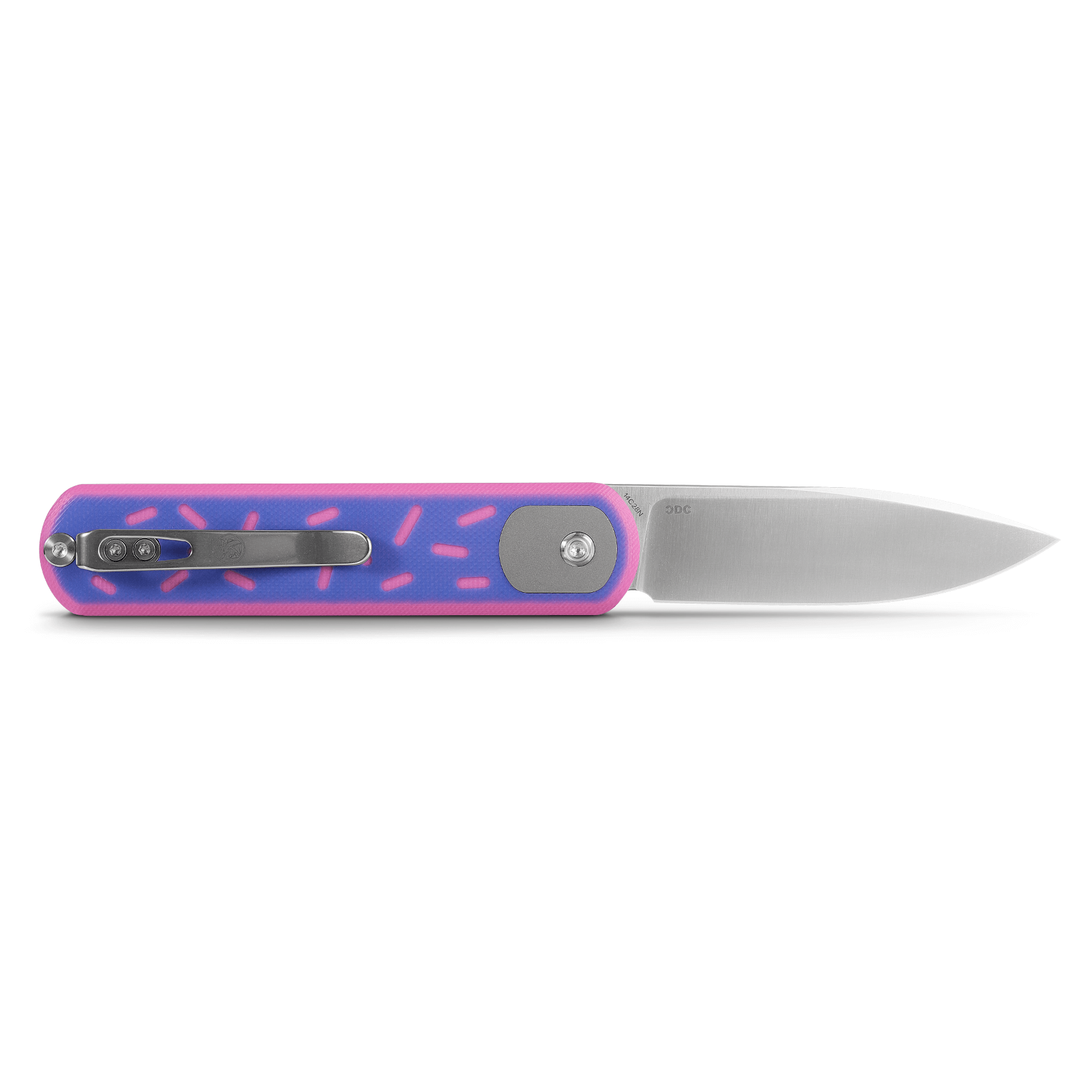 Vosteed Corgi A0727 knife, drop point blade and blue pink handle