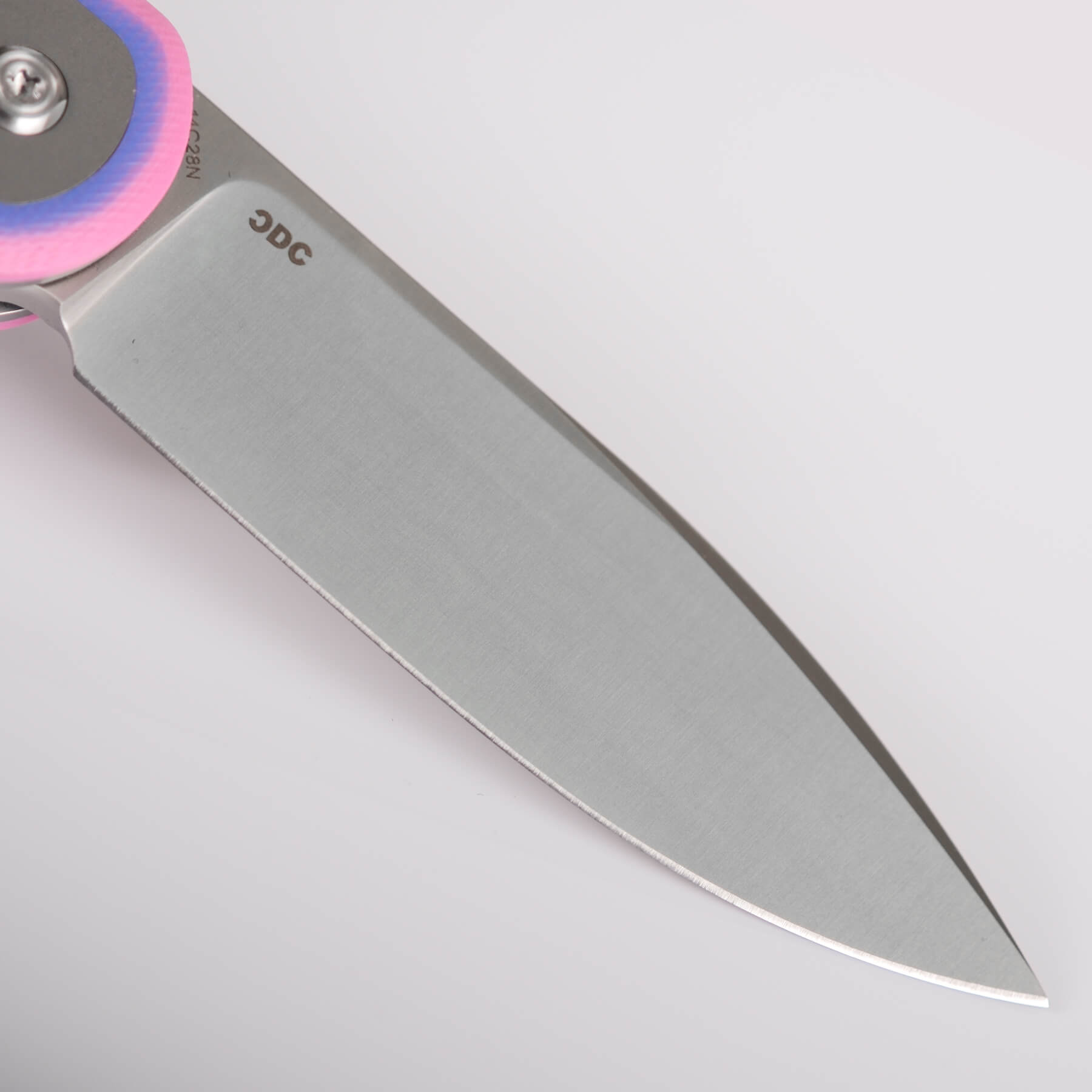 Vosteed Corgi A0727 blade detail, CDC text, drop point, 14C28N steel