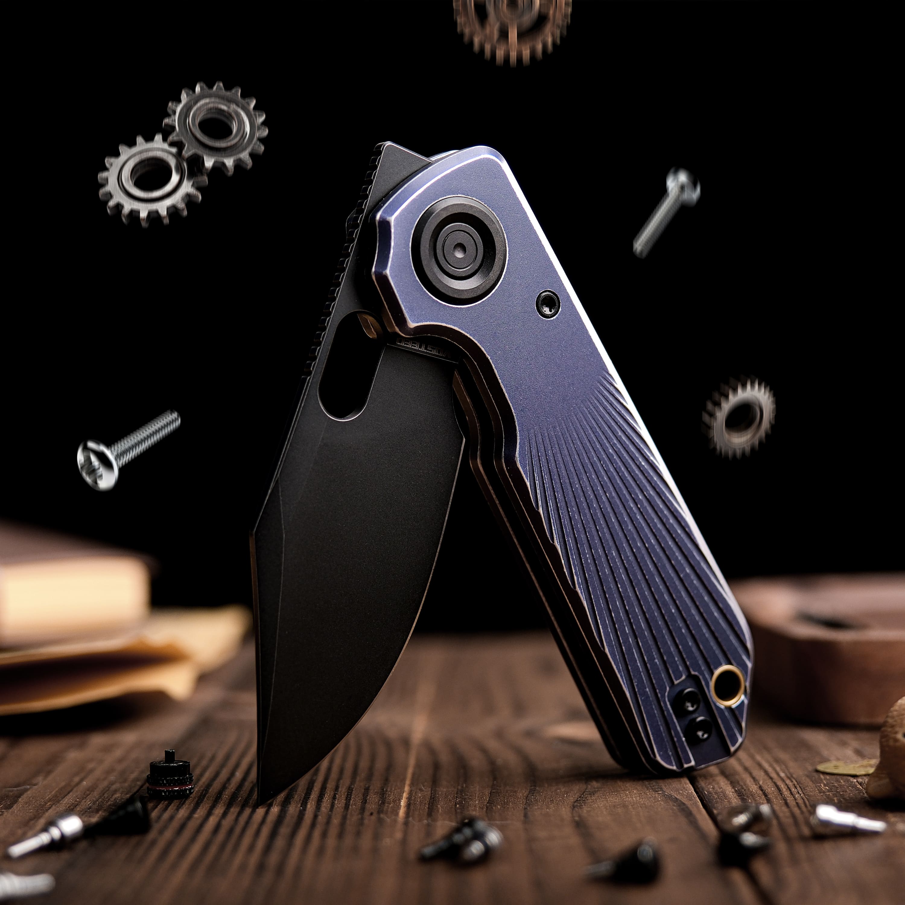 Vosteed Akita knife with black stonewash blade and blue handle