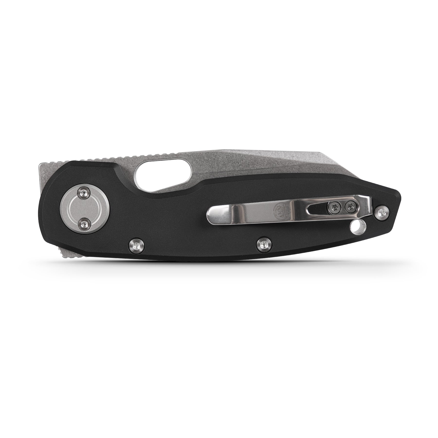 Vosteed Ankylo knife, black handle and pocket clip, reverse tanto blade