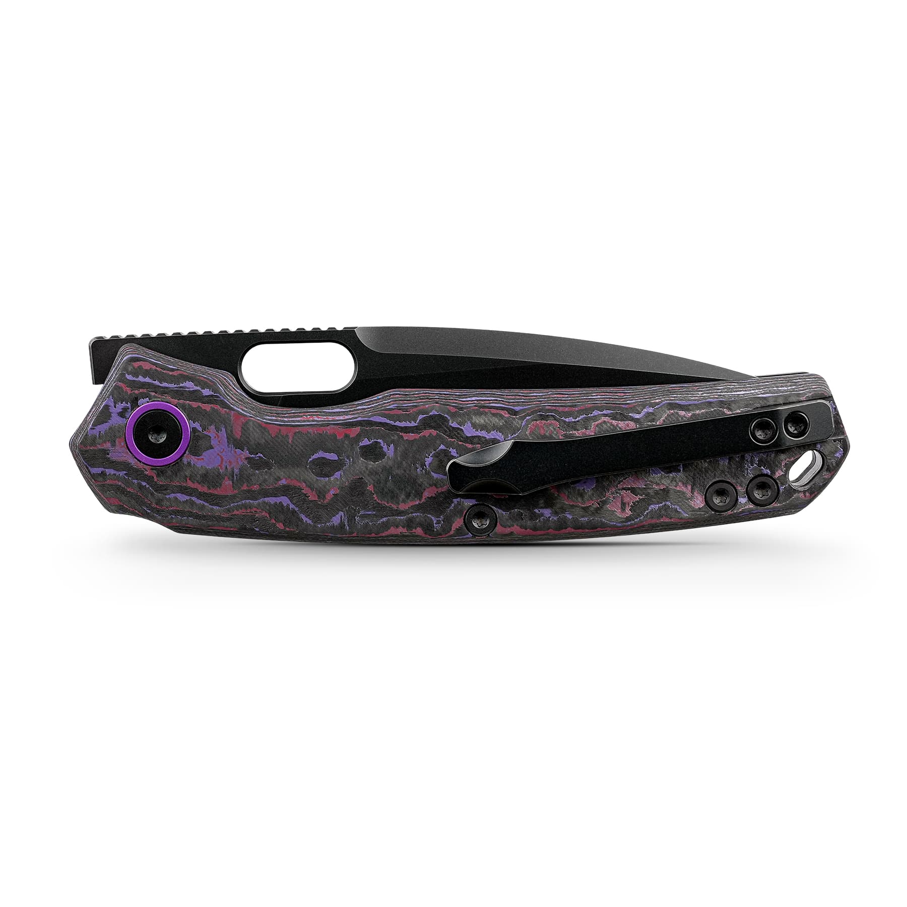 BLADEHQ Exclusive Vosteed Psyop Top Liner Lock Knife Purple Haze Fatcarbon (3.3" Black Elmax) A2226