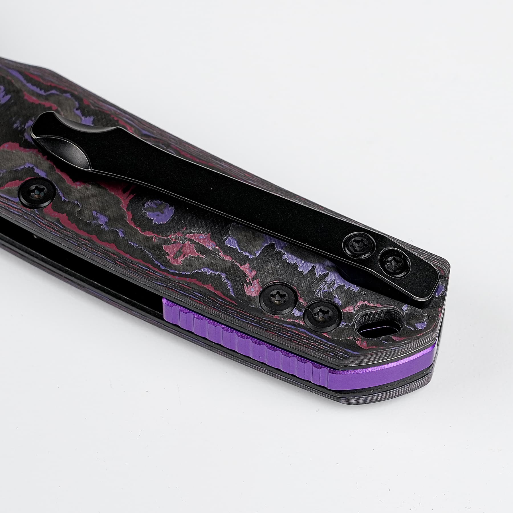 BLADEHQ Exclusive Vosteed Psyop Top Liner Lock Knife Purple Haze Fatcarbon (3.3" Black Elmax) A2226