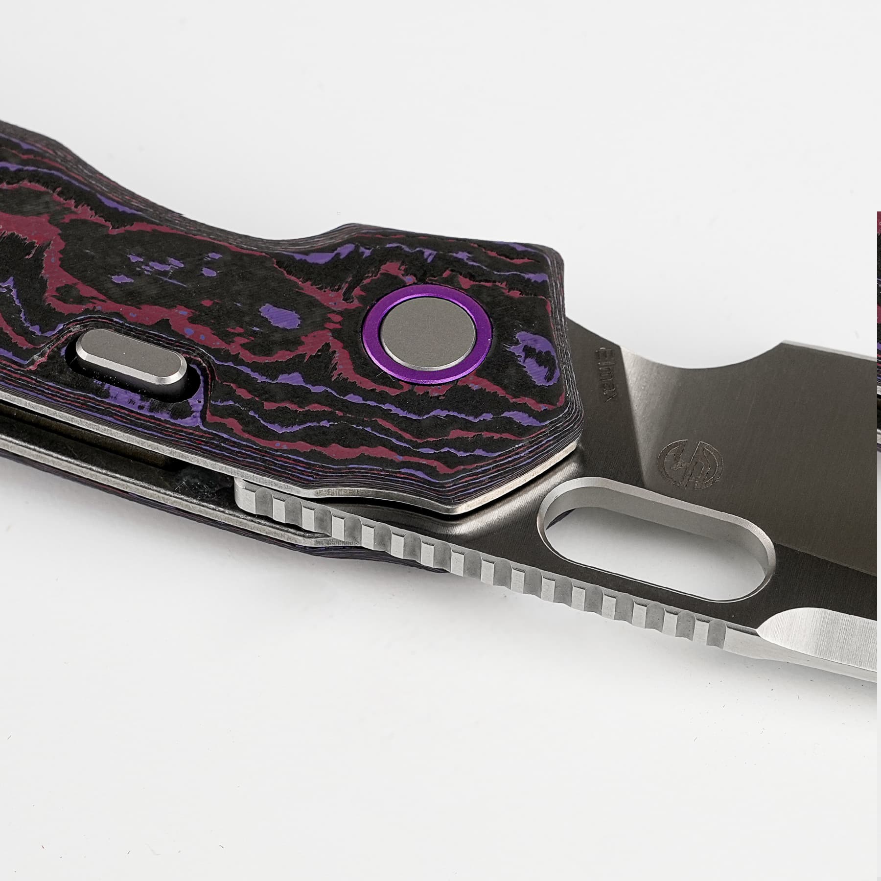 BLADEHQ Exclusive Vosteed Psyop Top Liner Lock Knife Purple Haze Fatcarbon (3.3" Satin Elmax) A2227