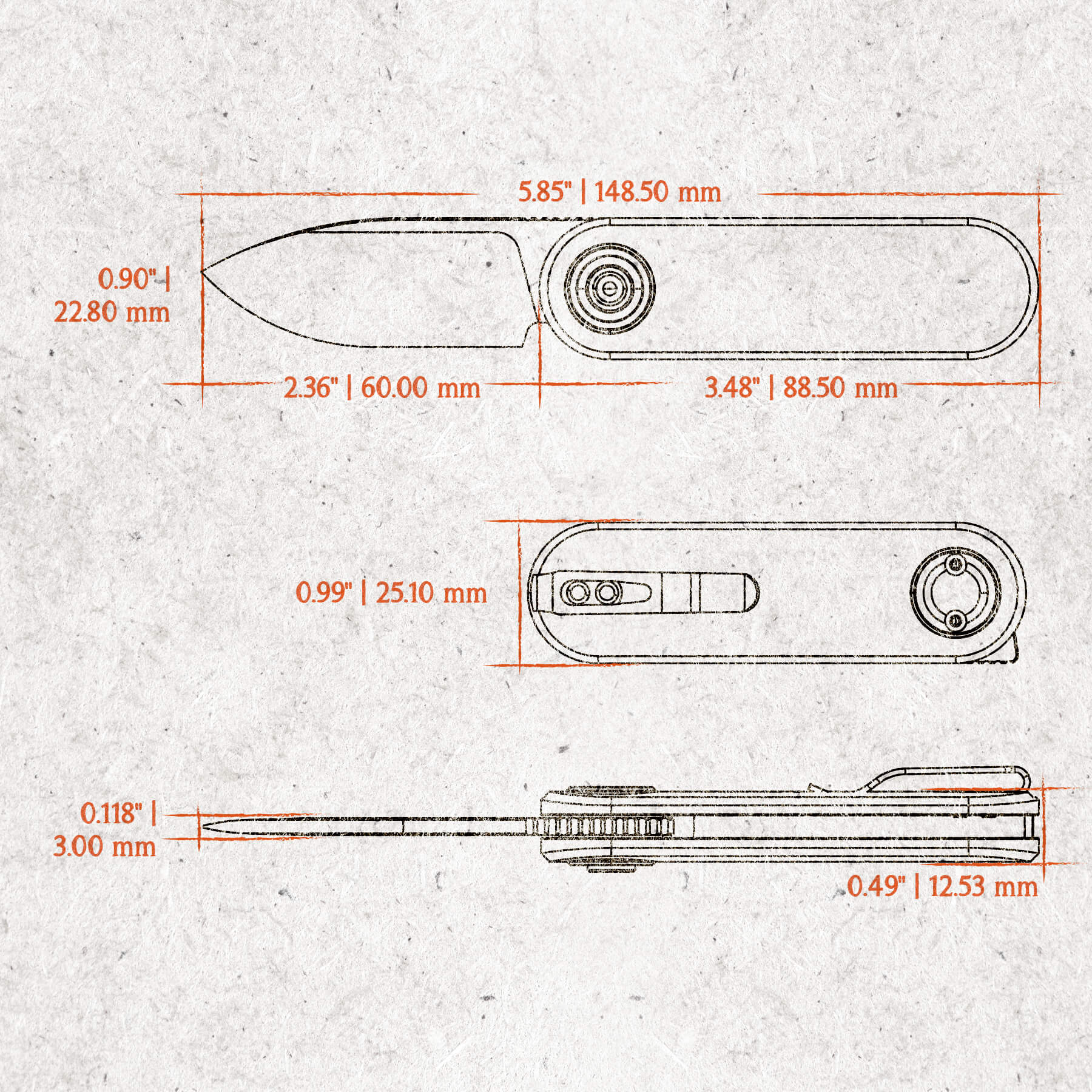 Vosteed Corgi V knife dimensions, with measurements of blade and handle.