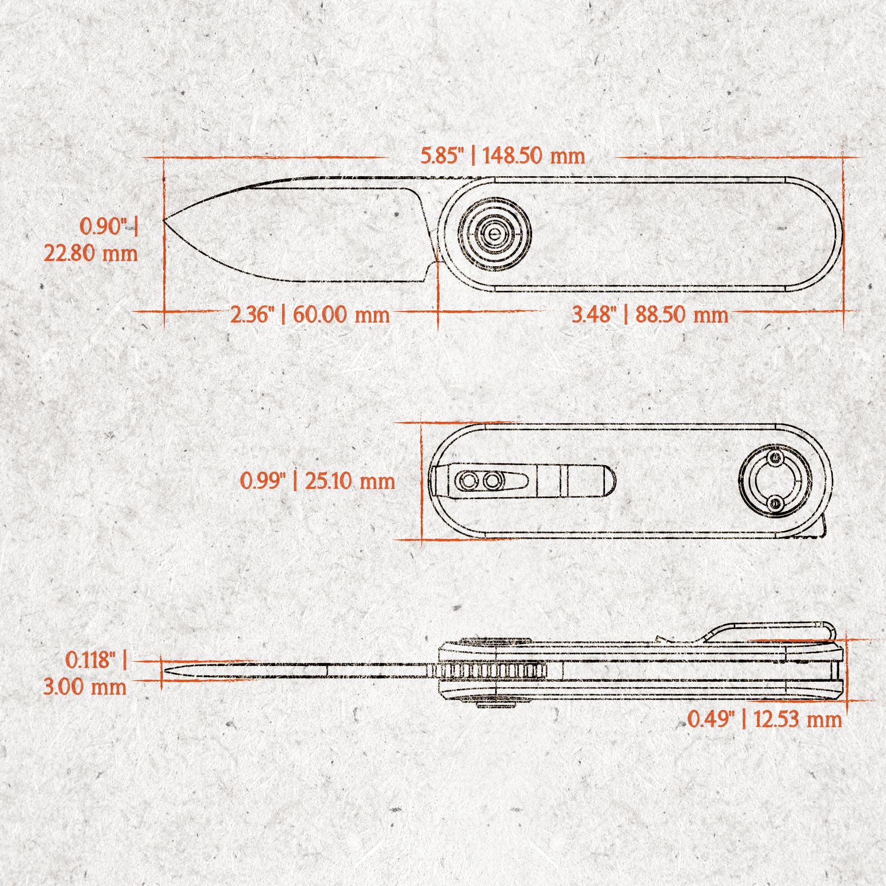 Corgi V knife dimensions: blade, handle size detail
