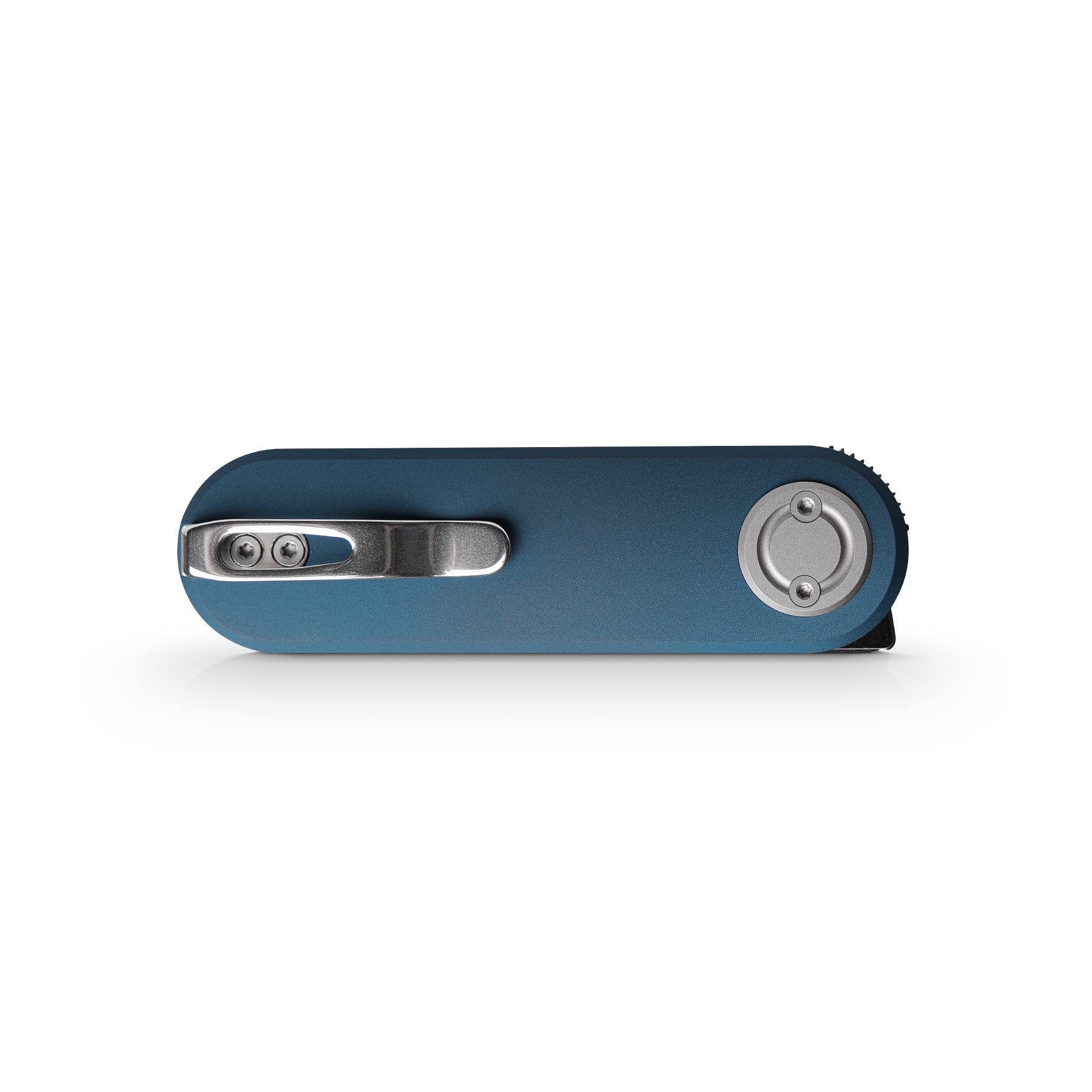 Vosteed Corgi V knife, blue handle and pocket clip detail