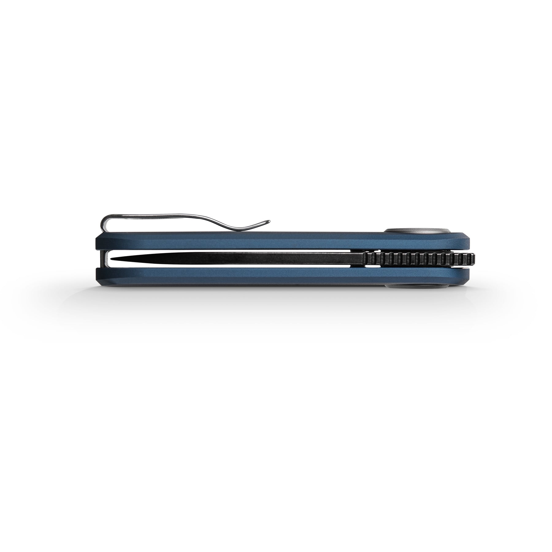 Vosteed Corgi V blue knife, side view, pocket clip detail