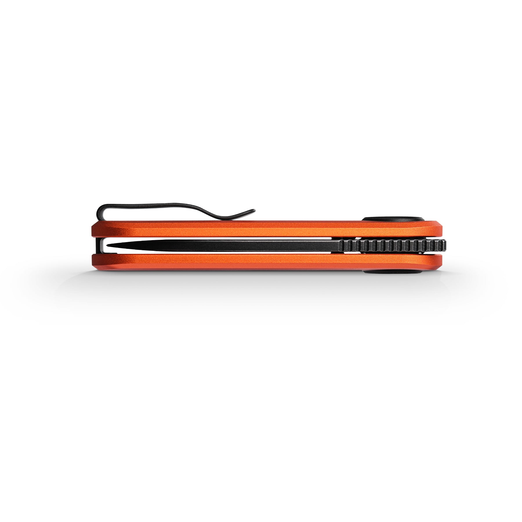 Corgi V knife side profile with orange handle and pocket clip