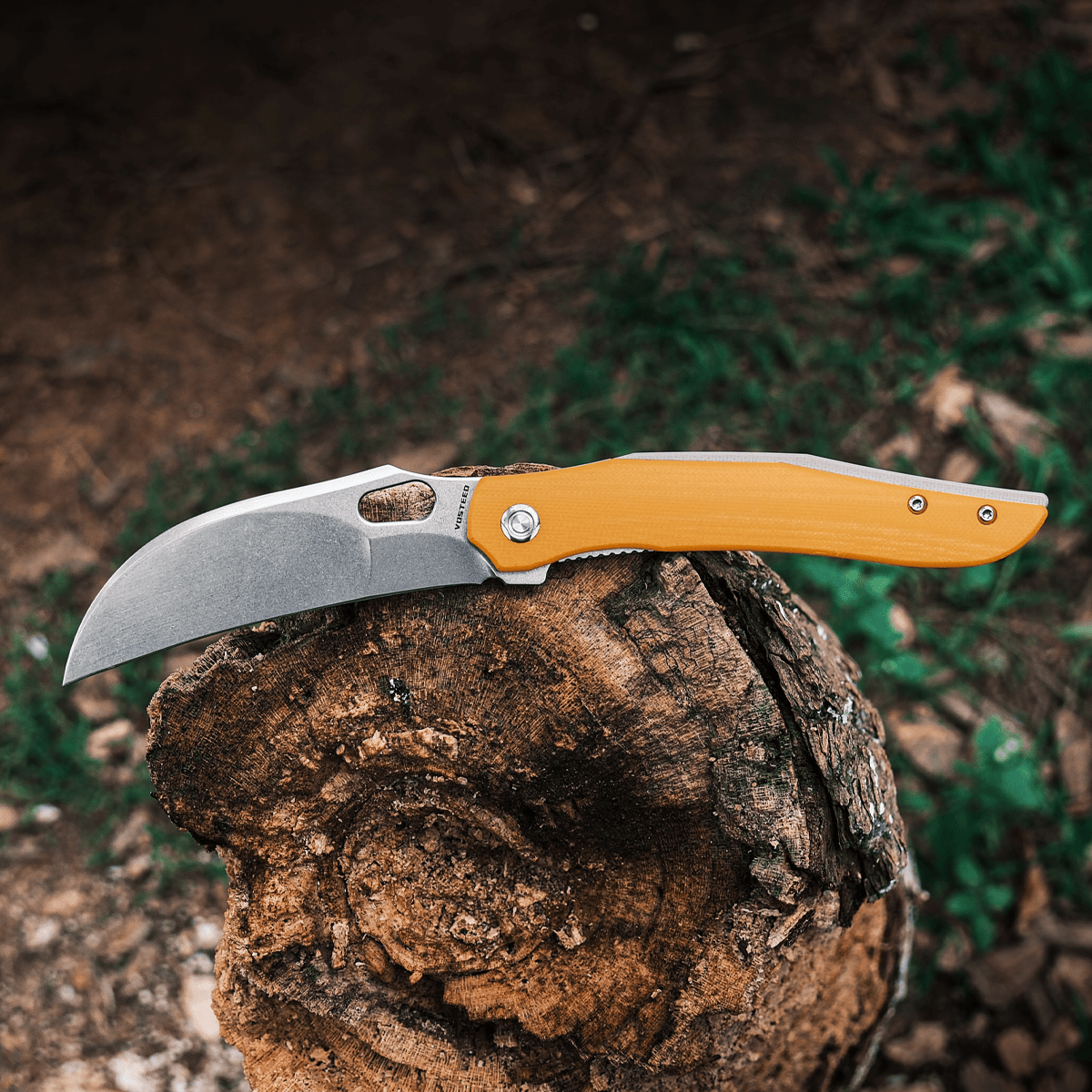 Vosteed Griffin hawkbill knife on tree stump - 14C28N blade