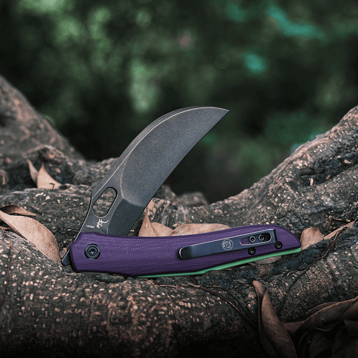 Vosteed Griffin knife, hawkbill blade open, purple G10 handle