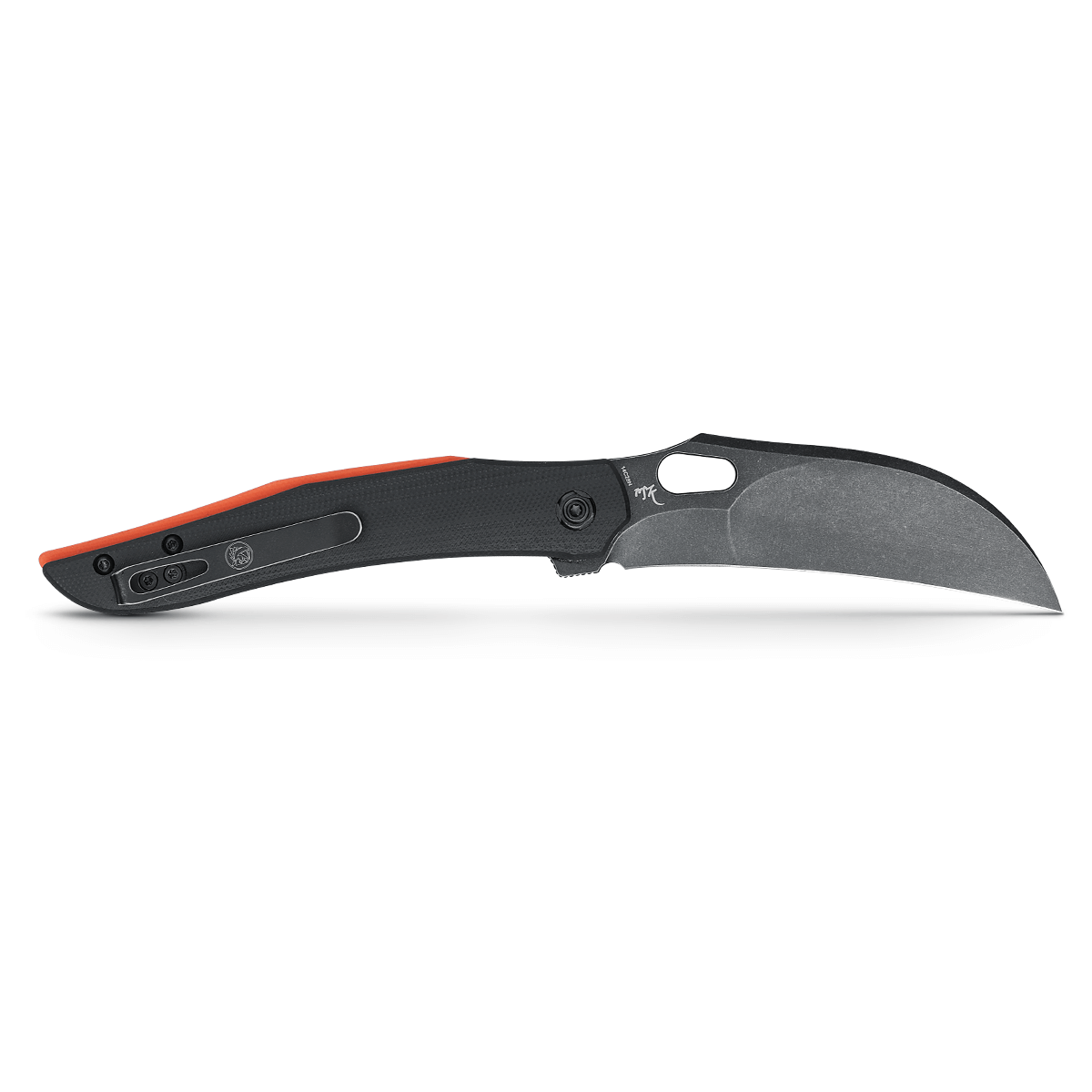Vosteed Griffin Hawkbill knife with black blade and orange backspacer