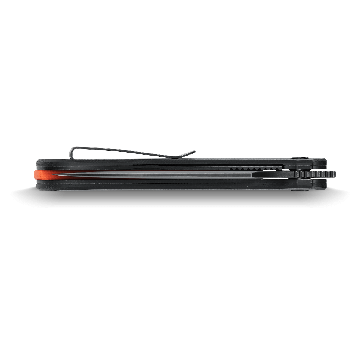 Vosteed Griffin knife side profile, pocket clip and orange backspacer