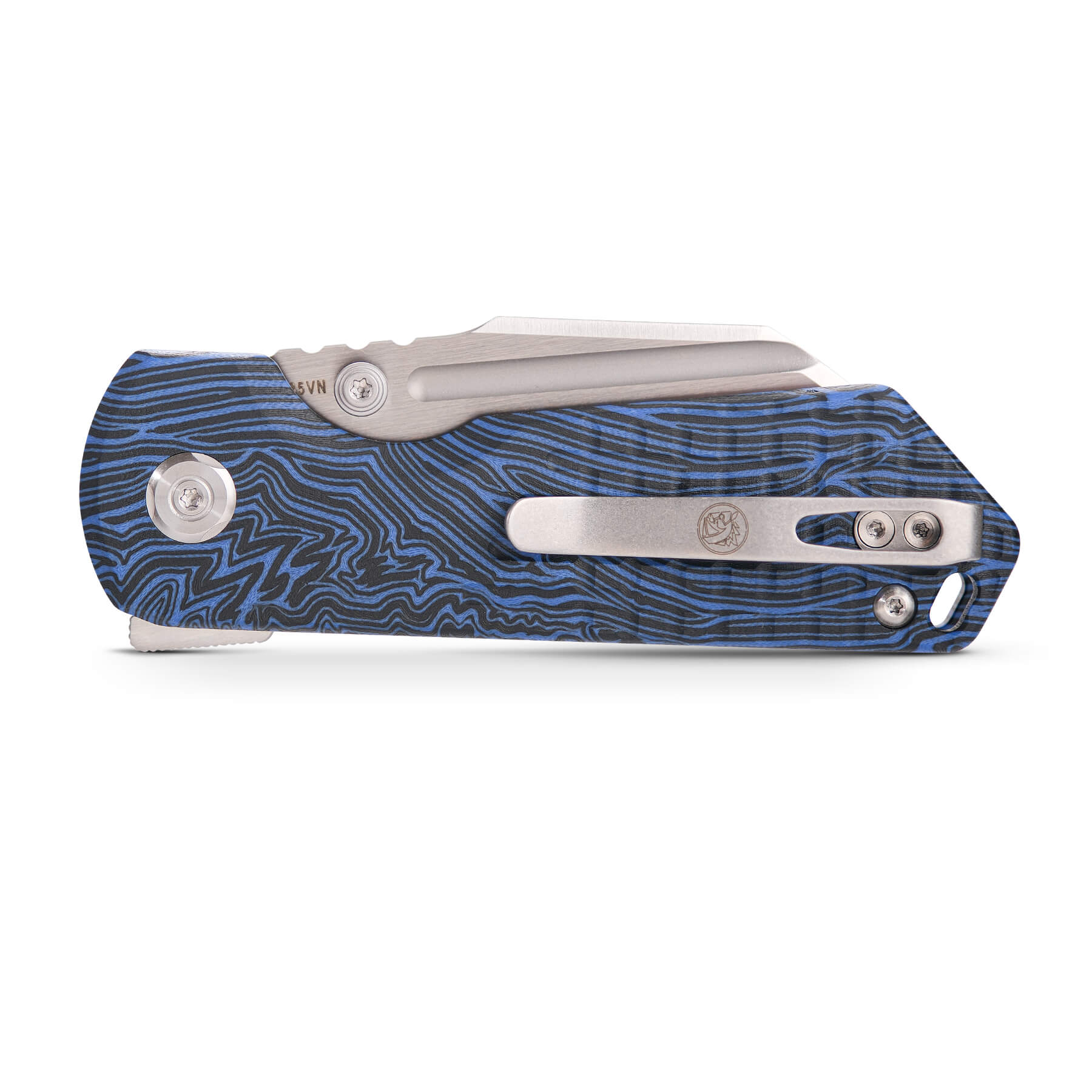 Vosteed Hedgehog Knife closed view, blue handle, pocket clip