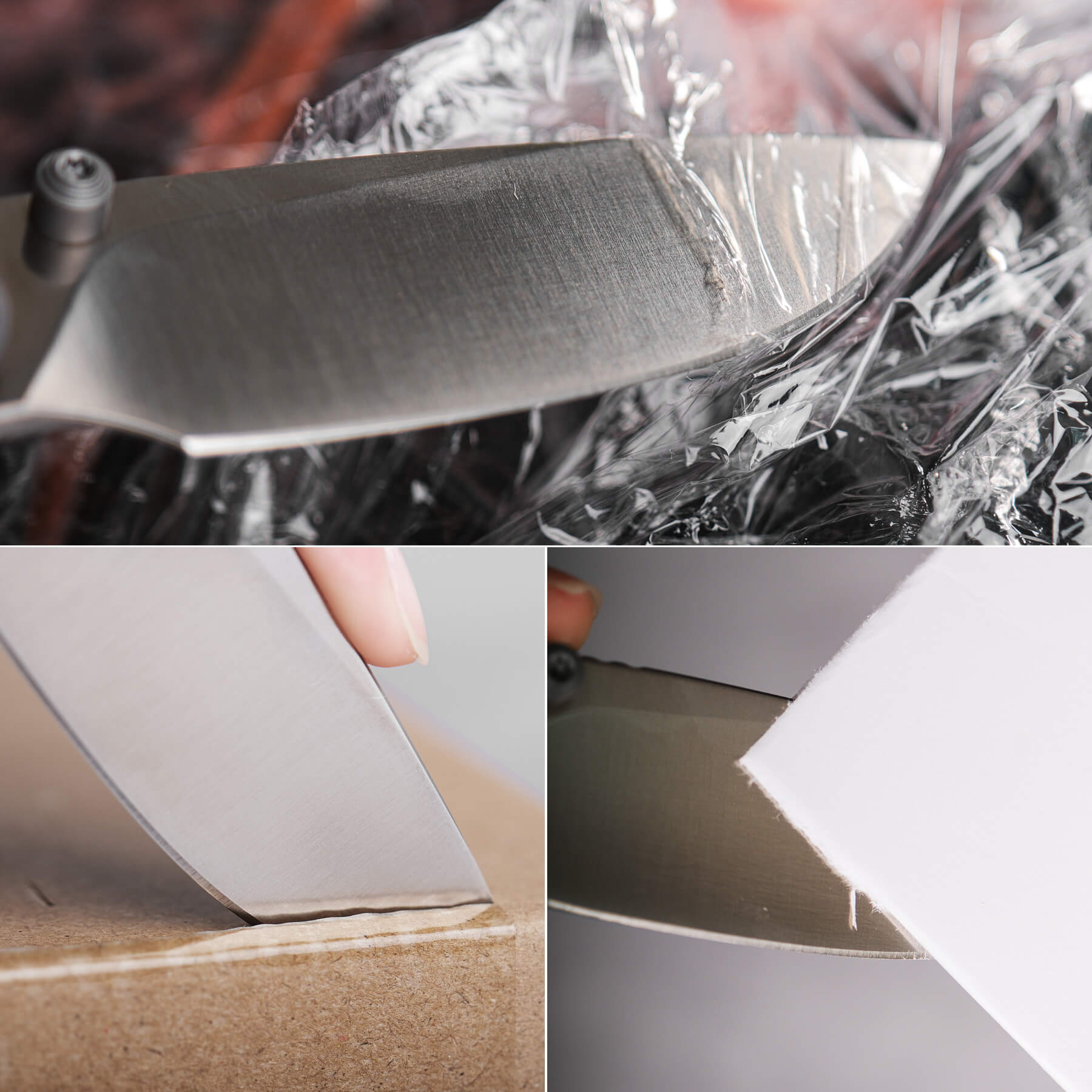 Vosteed Marten knife blade cutting through plastic wrap, cardboard, and paper