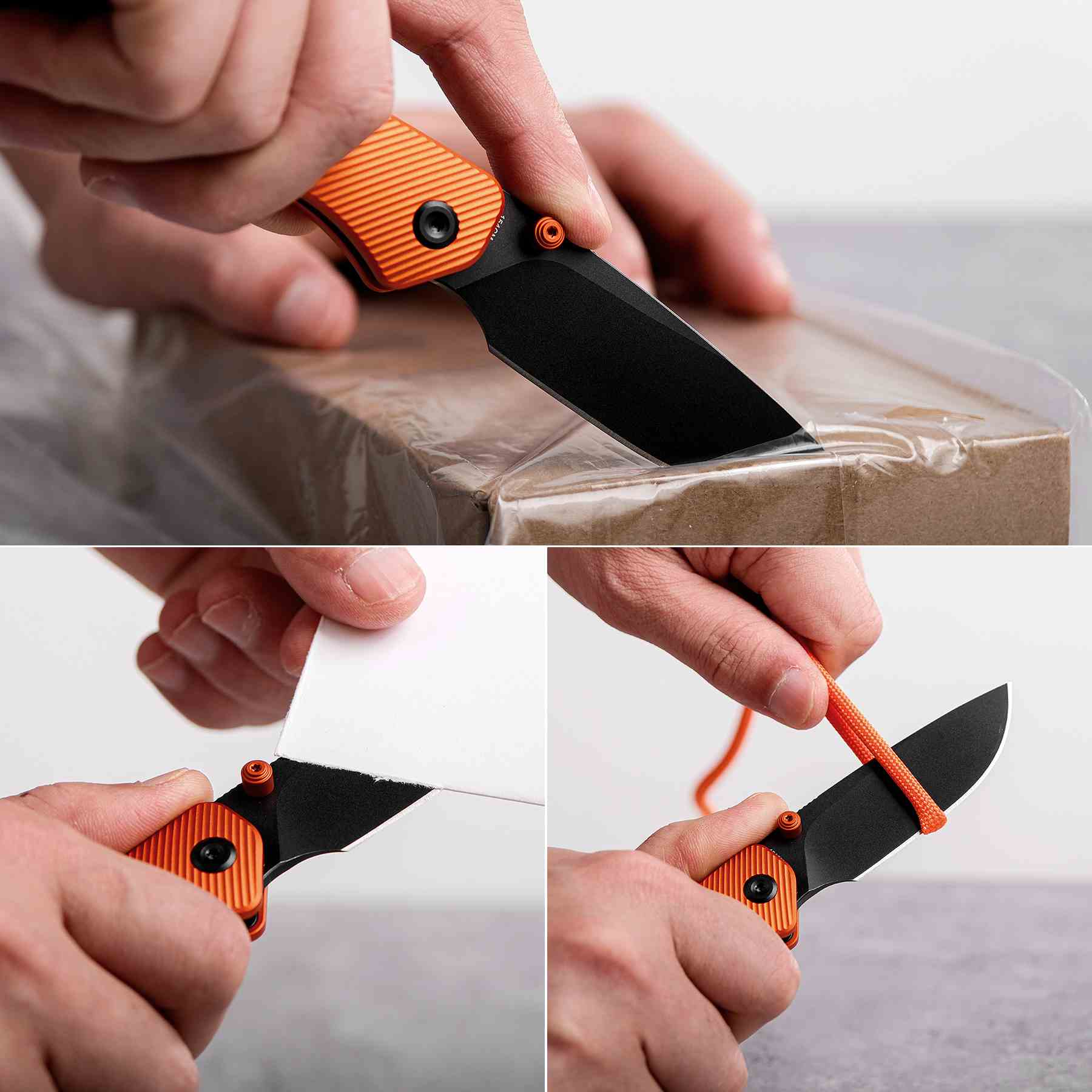 Vosteed Marten knife used for various tasks: opening package, cutting paper, and with lanyard