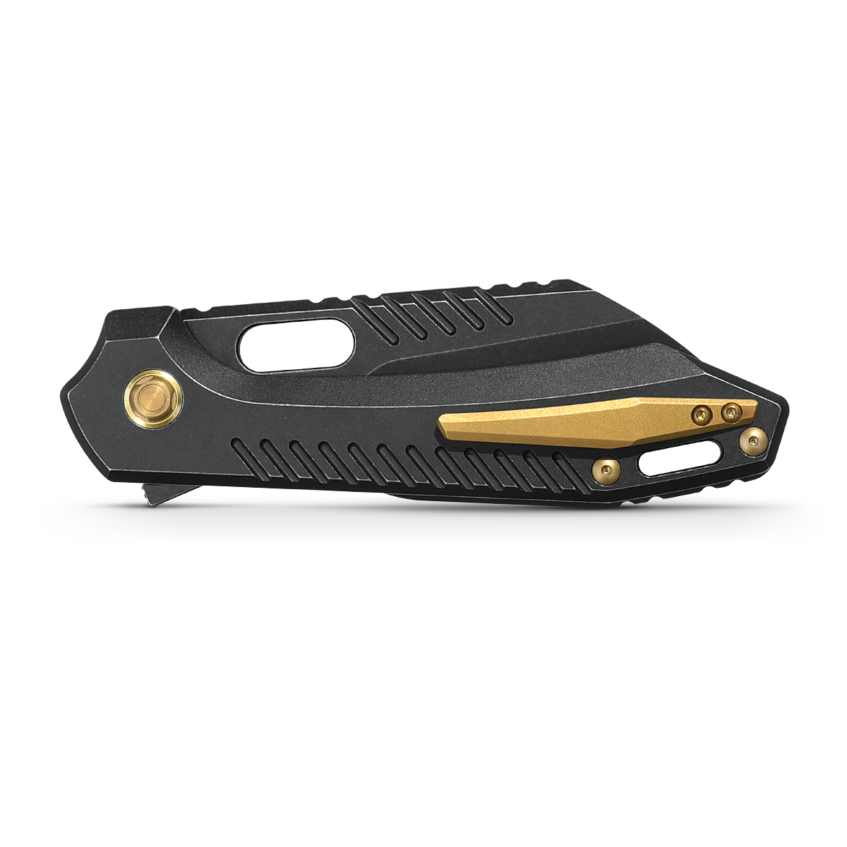 Vosteed RSKAOS knife closed, black and gold titanium