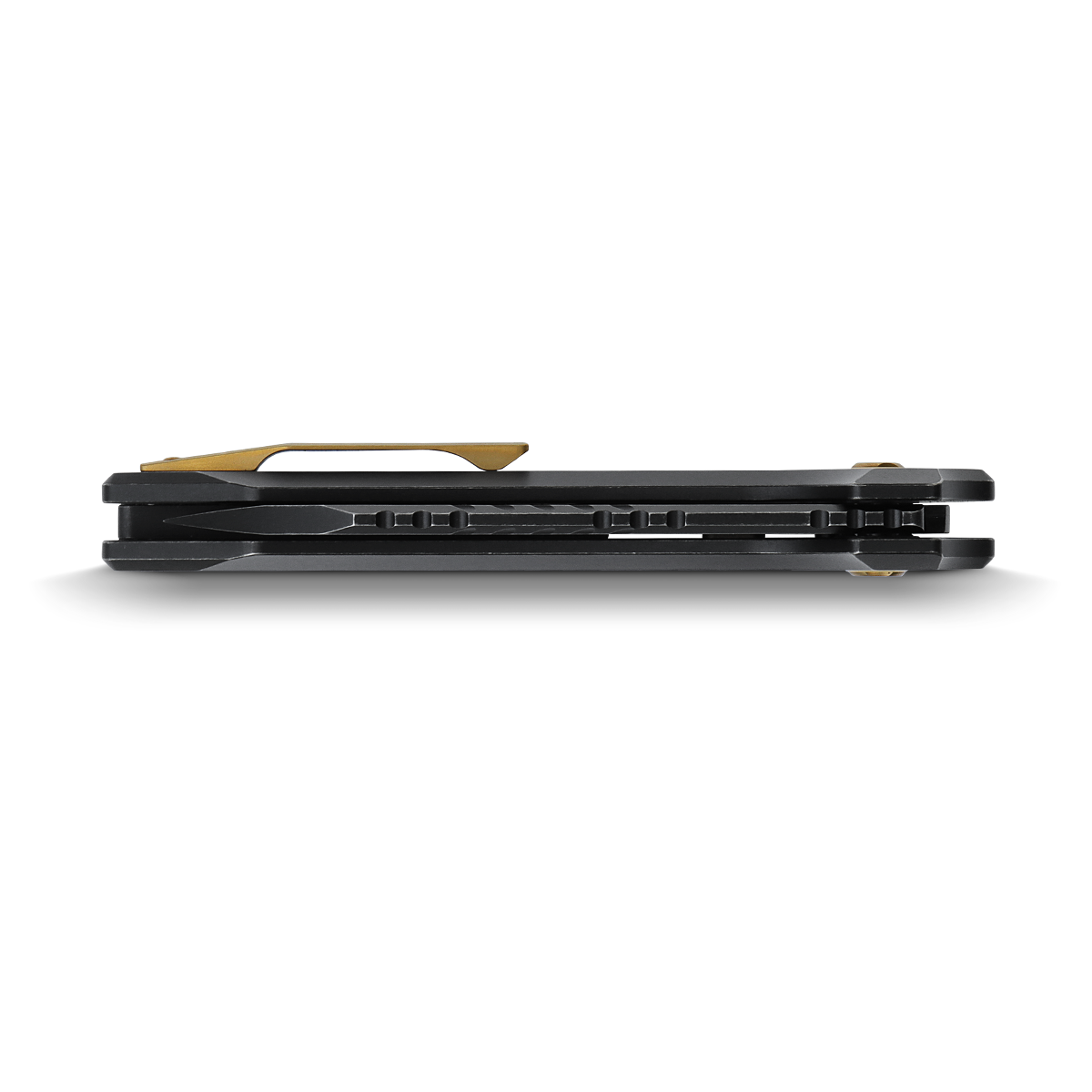 Vosteed RSKAOS knife side view, black titanium with gold clip
