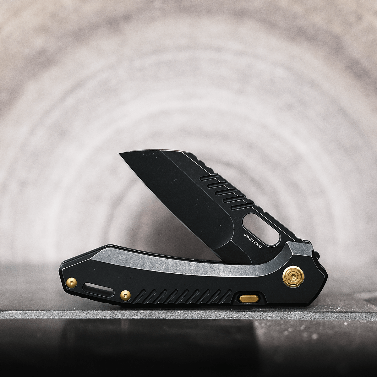 Vosteed RSKAOS knife, open blade, black and gold details