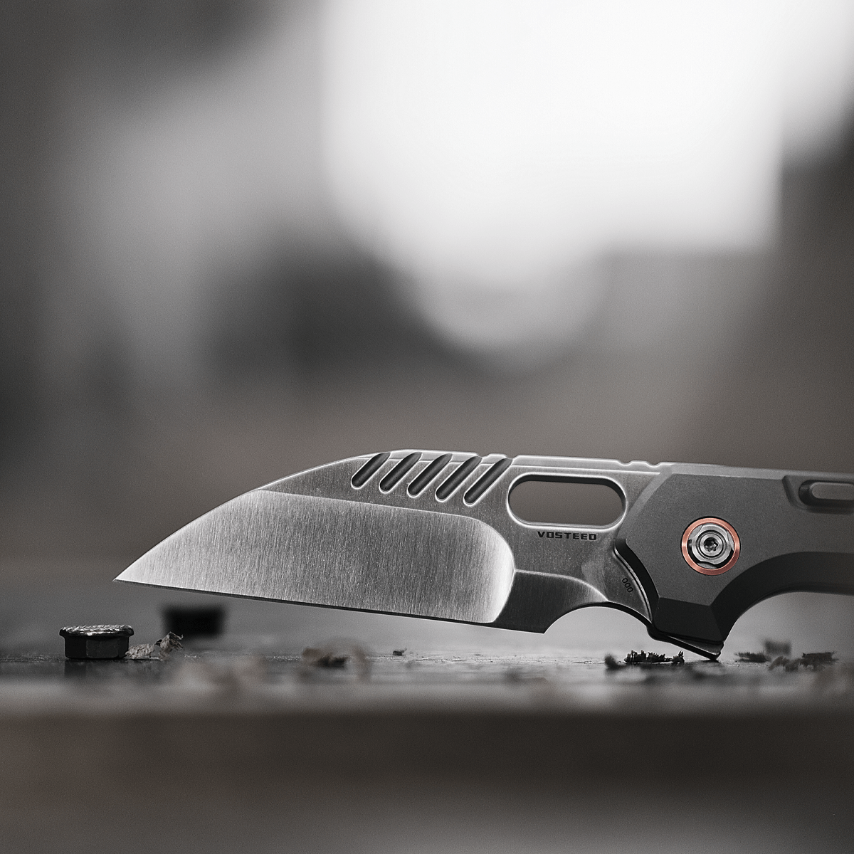 Vosteed RSKAOS knife detail, M390 Wharncliffe blade, close-up