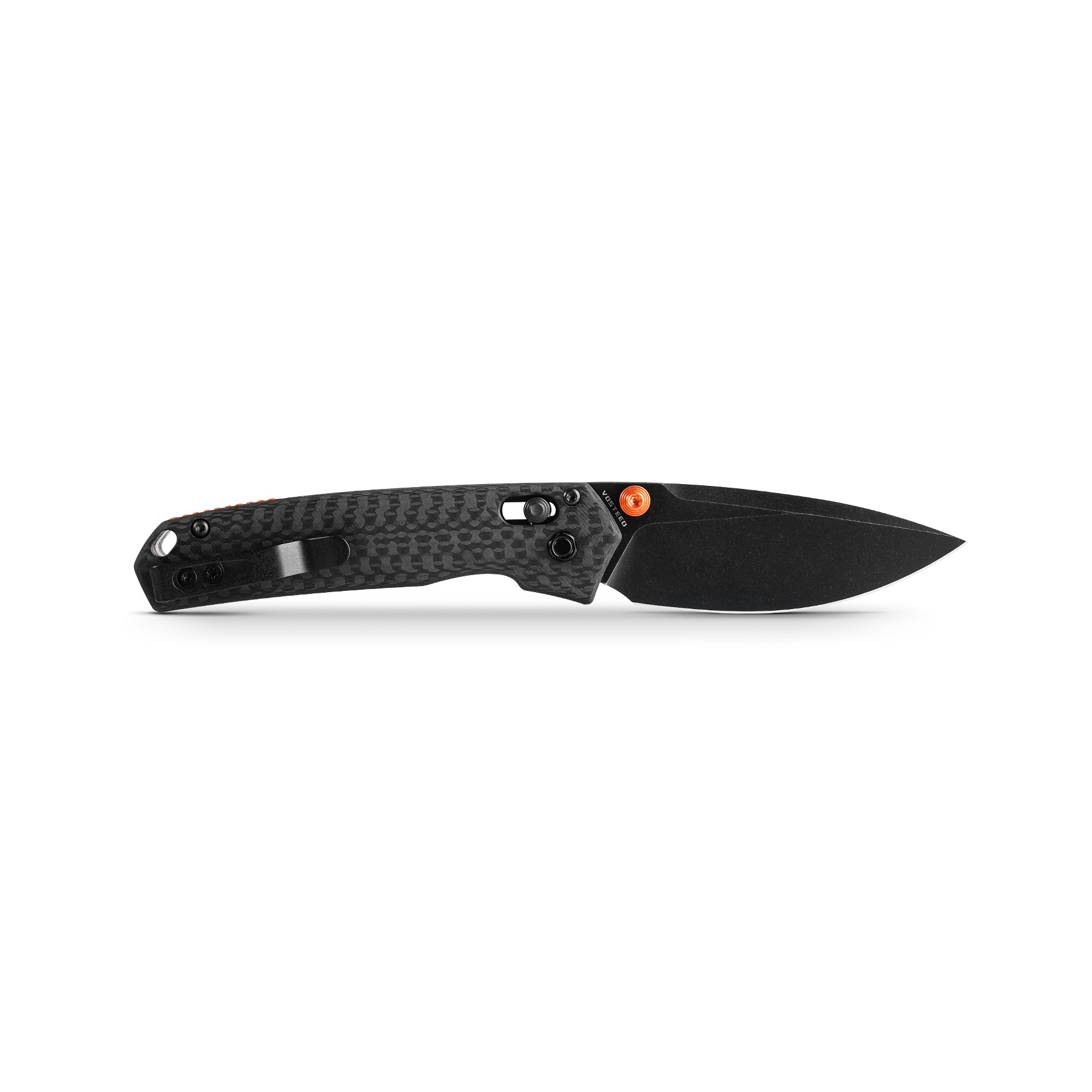 Vosteed Mini Psyop folding knife with black blade and carbon fiber handle