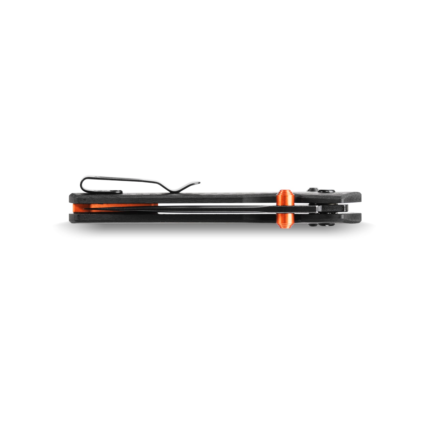 Vosteed Mini Psyop folding knife side view, black blade and carbon fiber