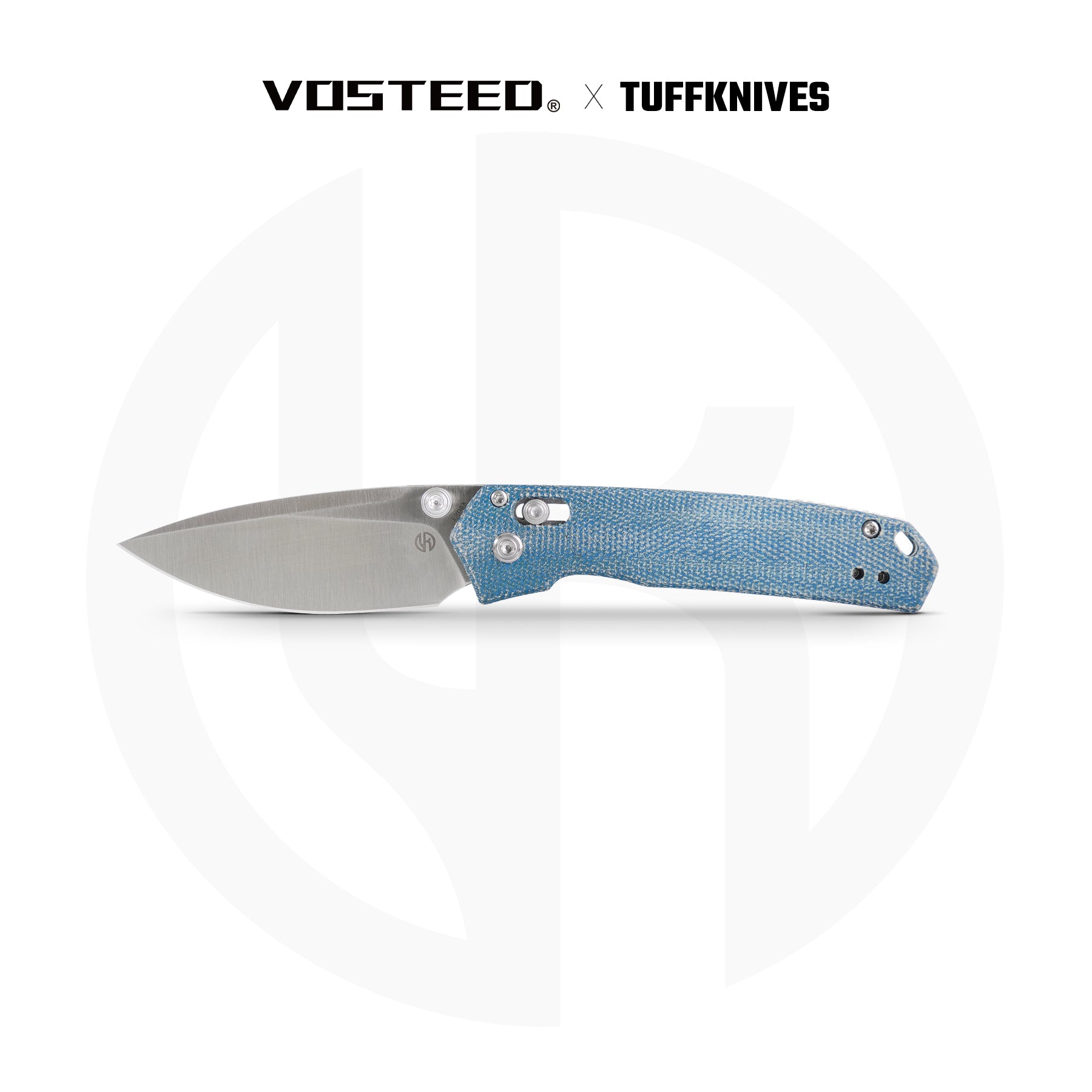 Vosteed Mini Psyop knife with blue Micarta handle, Crossbar Lock, and Elmax blade.