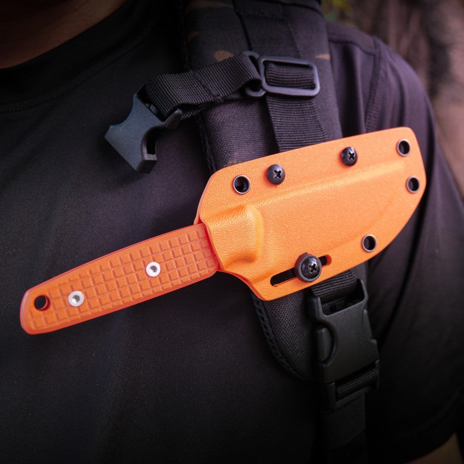 Vosteed Mink fixed blade knife with sheath on backpack strap