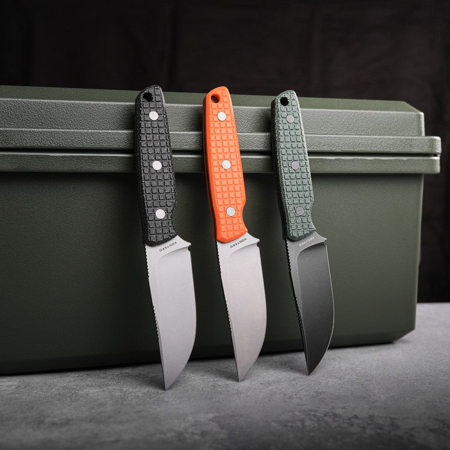 Vosteed Mink knives in black, orange, and green G10 handles