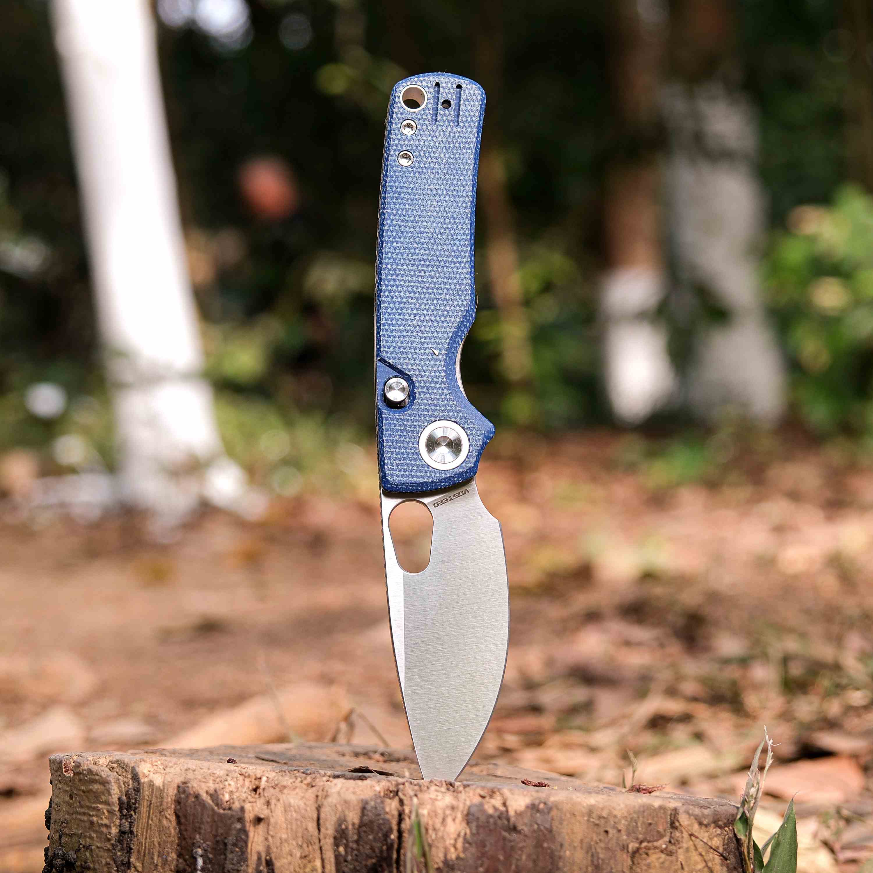 Vosteed Porcupine knife standing on a stump outdoors