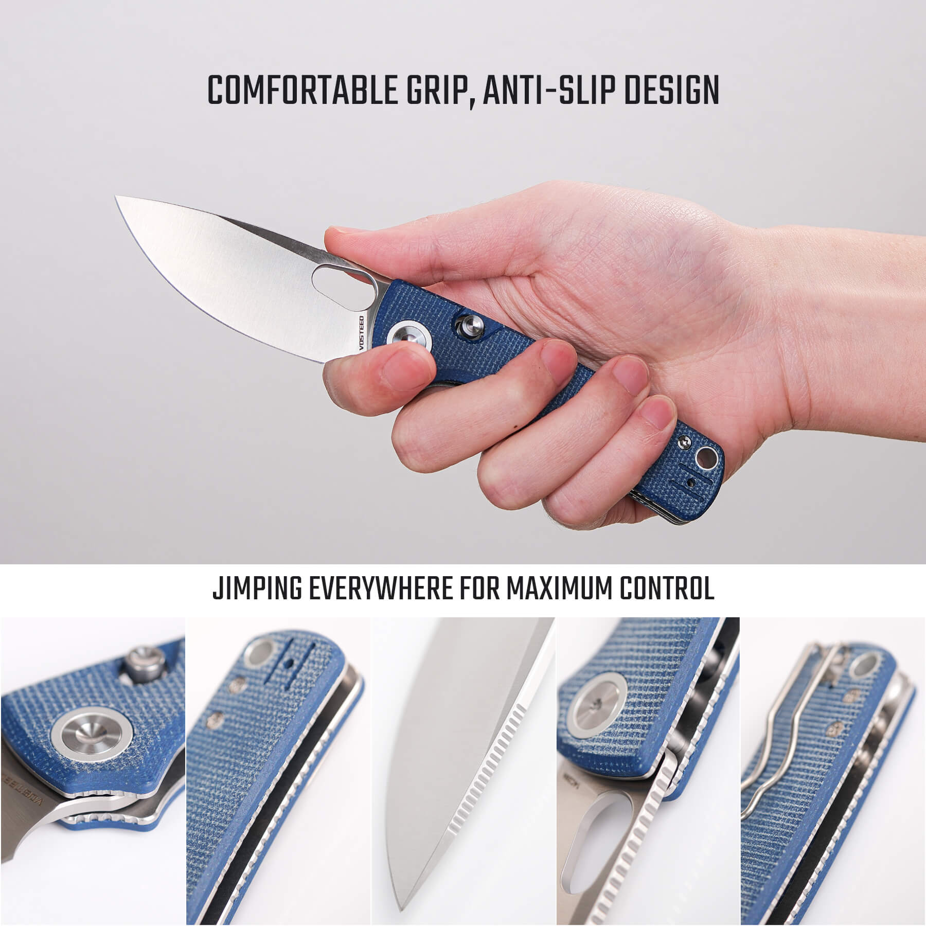 Vosteed Porcupine knife in hand, comfortable grip and anti-slip design