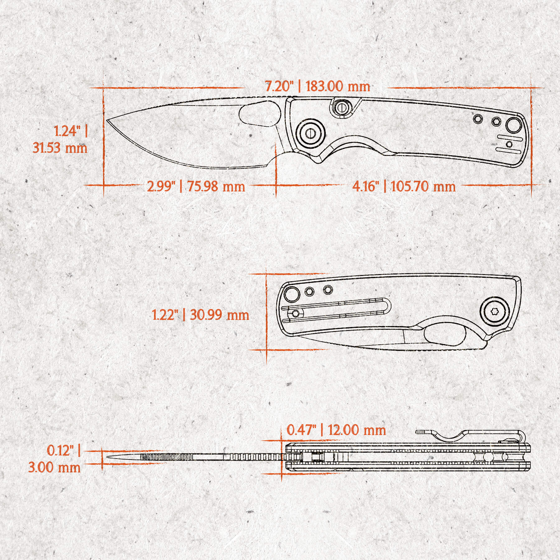 Vosteed Porcupine knife dimensions, showing blade and handle sizes