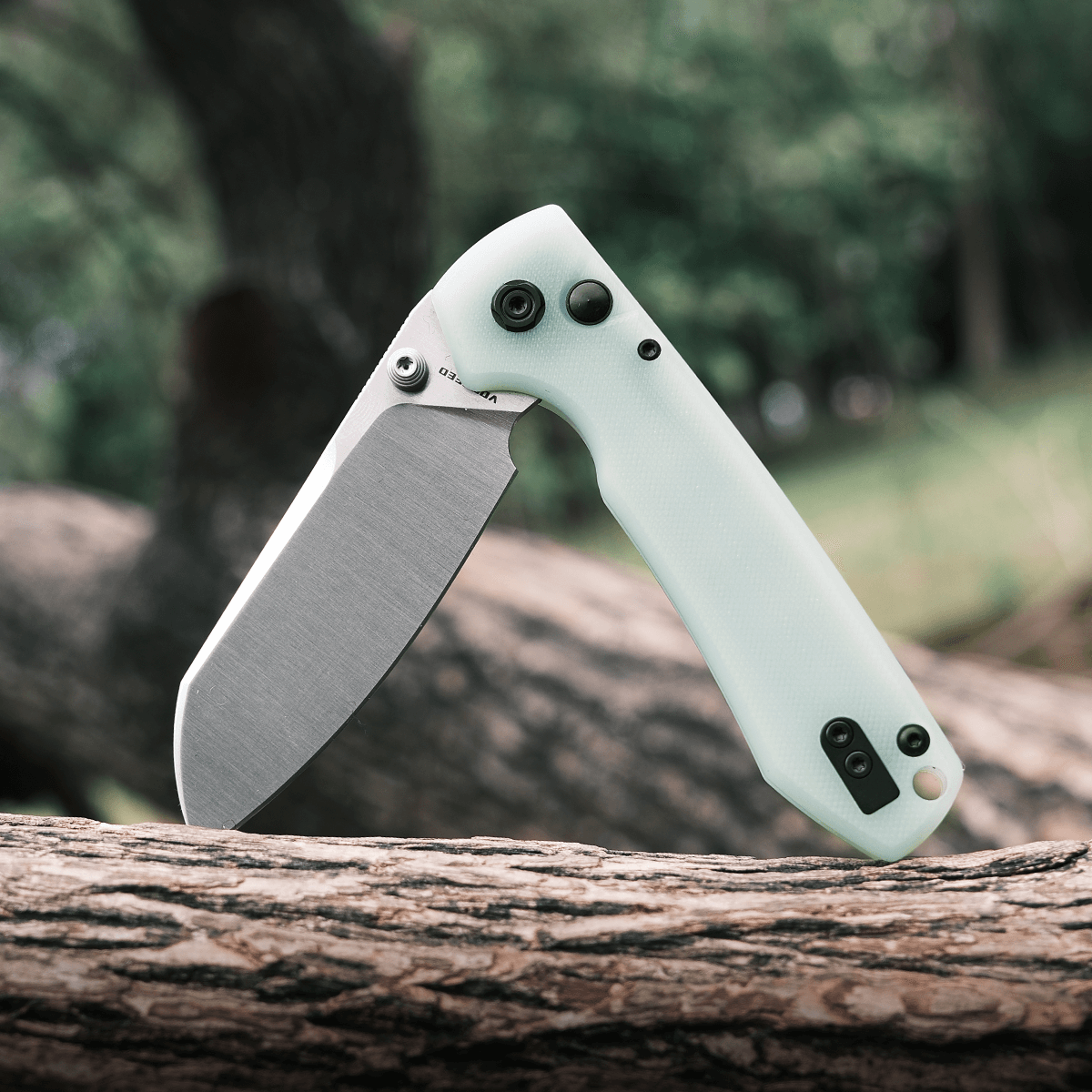 Vosteed Raccoon knife with jade G10 handle on tree branch