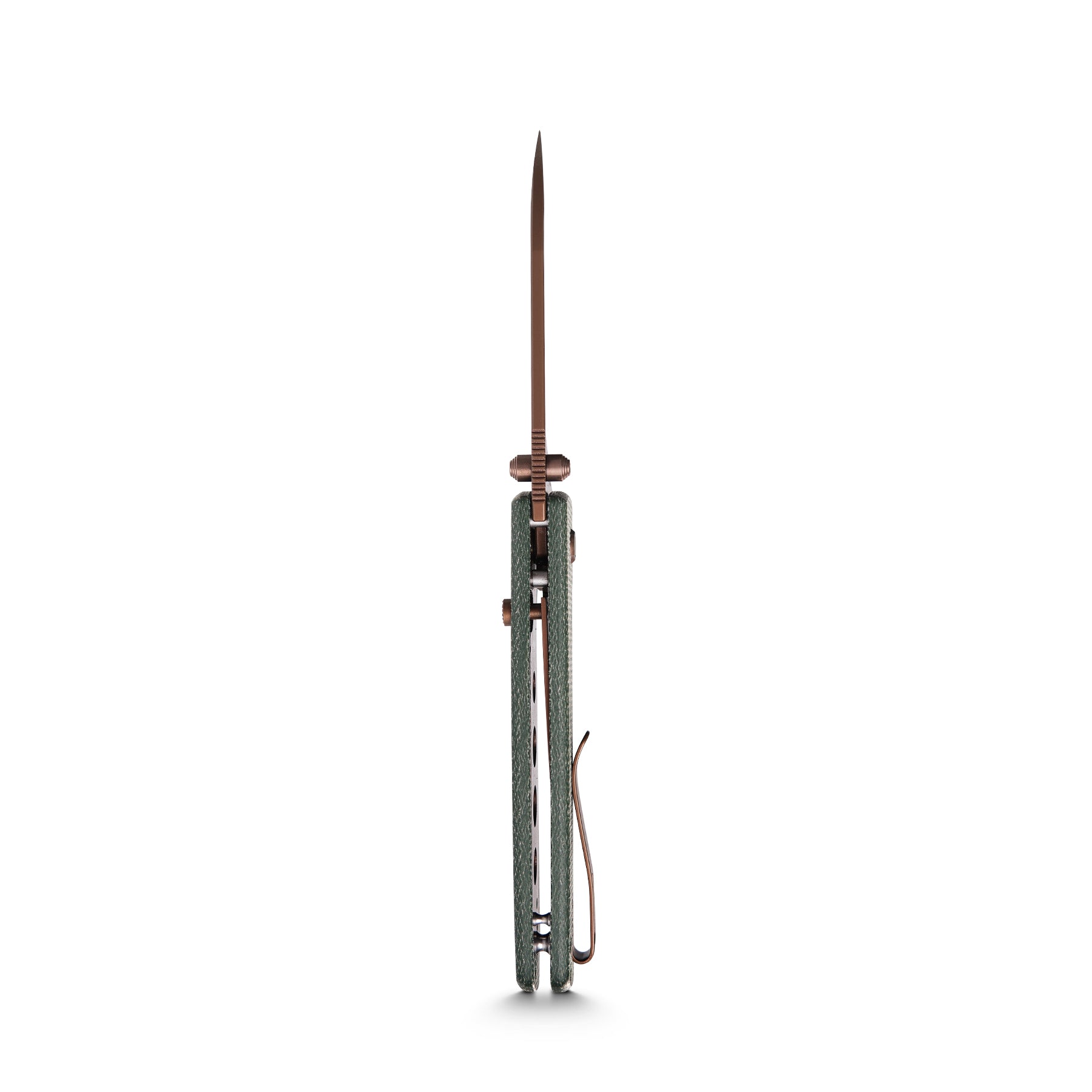 Vosteed Raccoon Copper Dune knife, side view, green Micarta handle