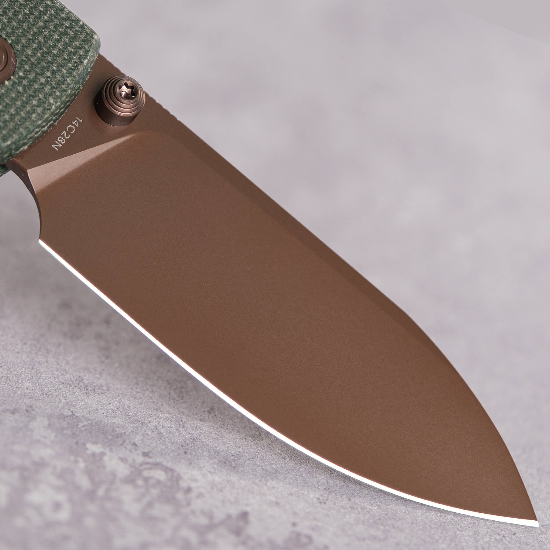 Vosteed Raccoon Copper Dune knife blade detail, 14C28N steel