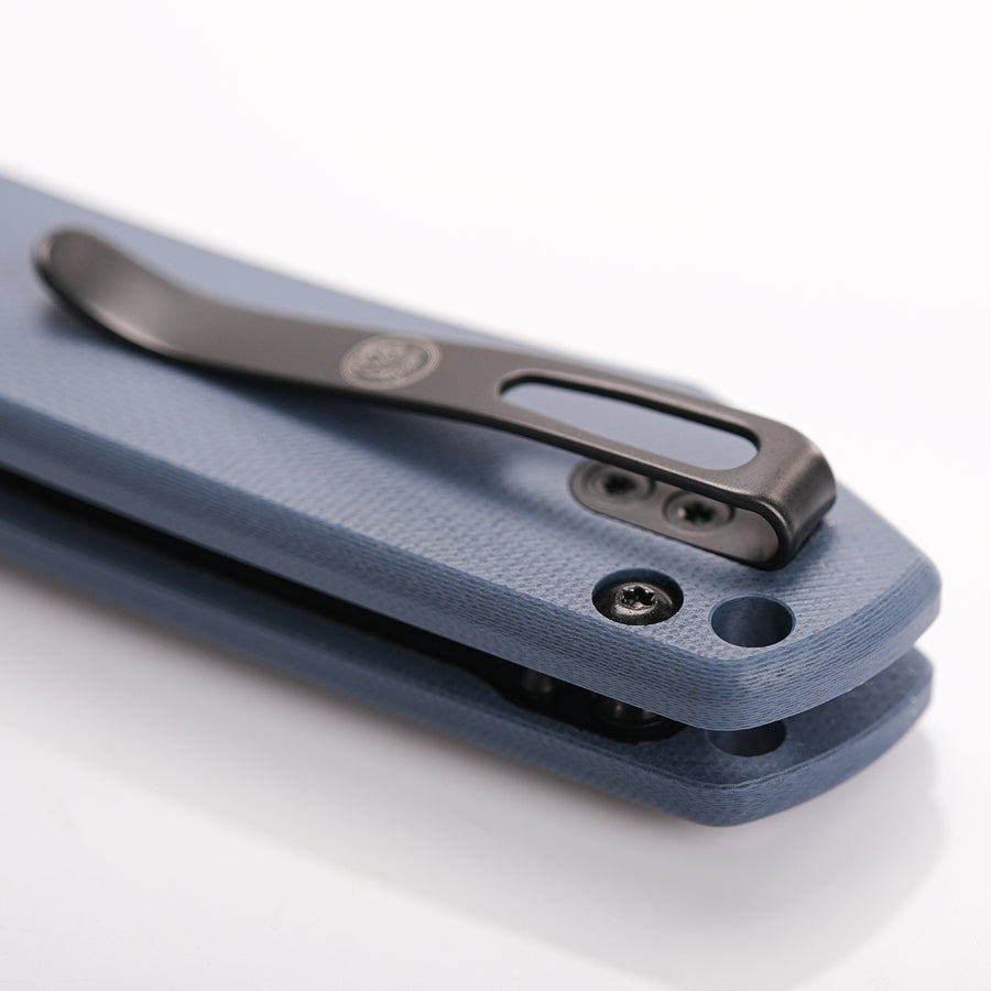 Vosteed Raccoon Knife - Blue G10 Handle and Pocket Clip Detail