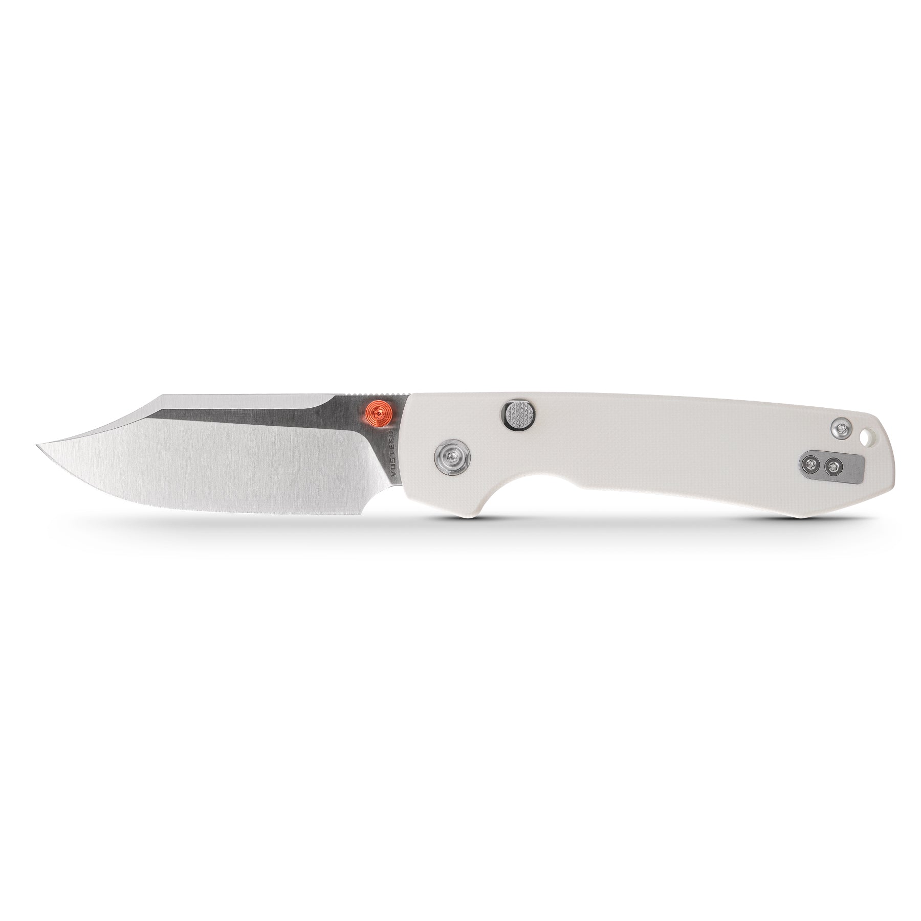 Vosteed Raccoon® knife with 3.25" bowie blade and white G10 handle
