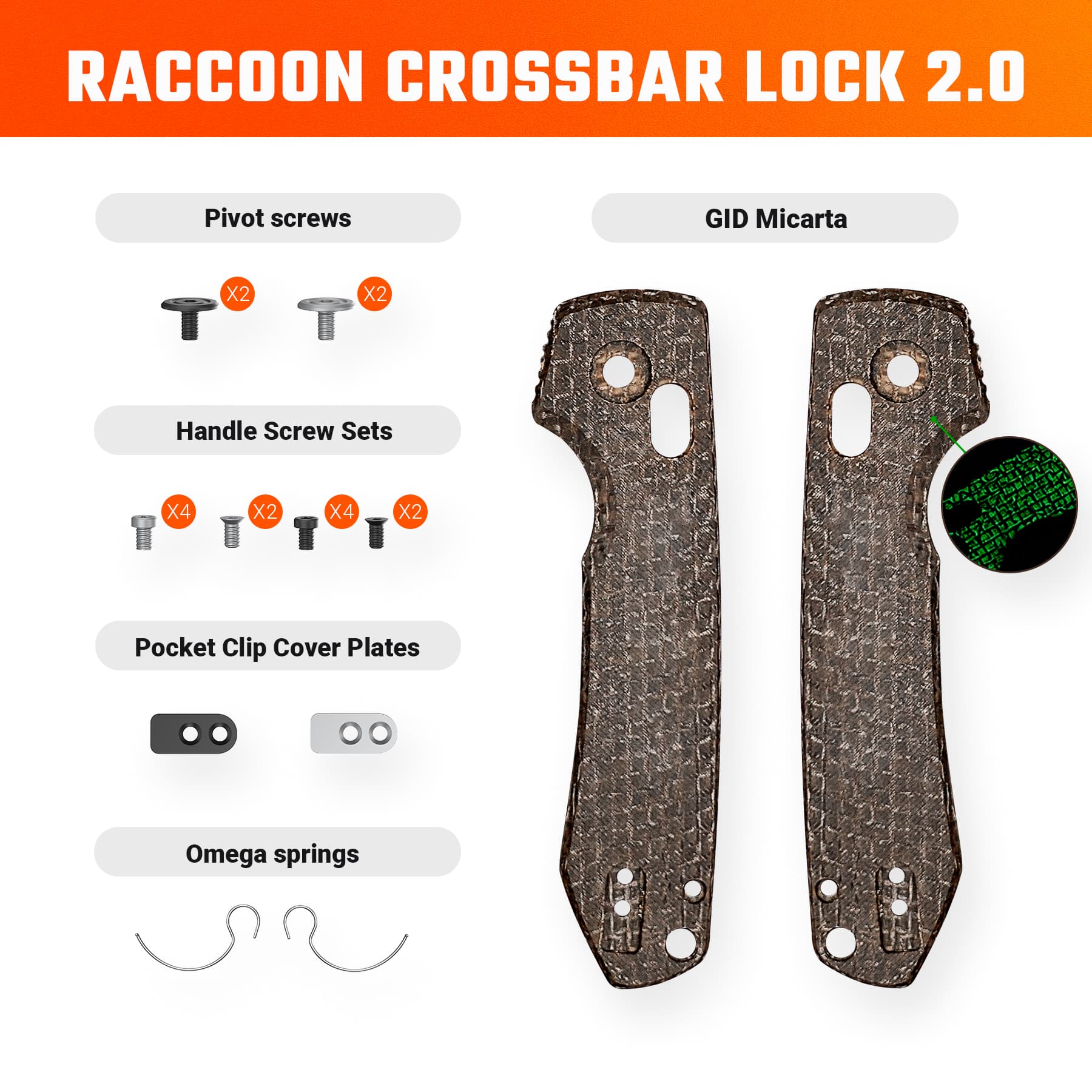 Coming Soon - Raccoon 2.0 Crossbar Lock Handle Scales Kits - Brown GID Micarta - W0501