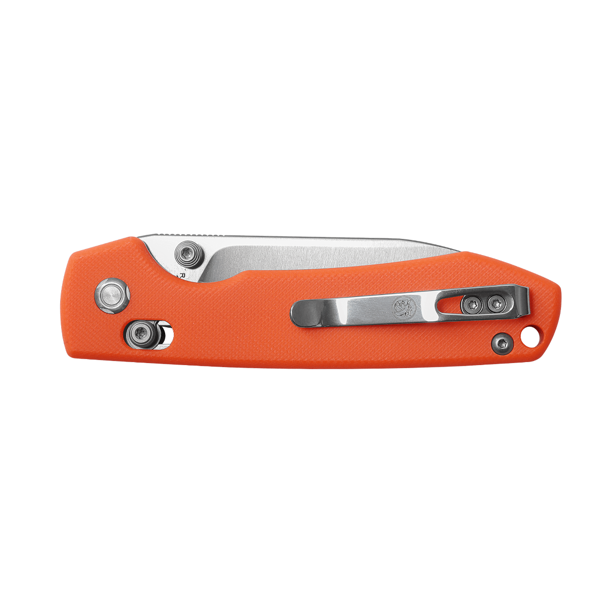 Vosteed Raccoon knife with orange G10 handle and pocket clip