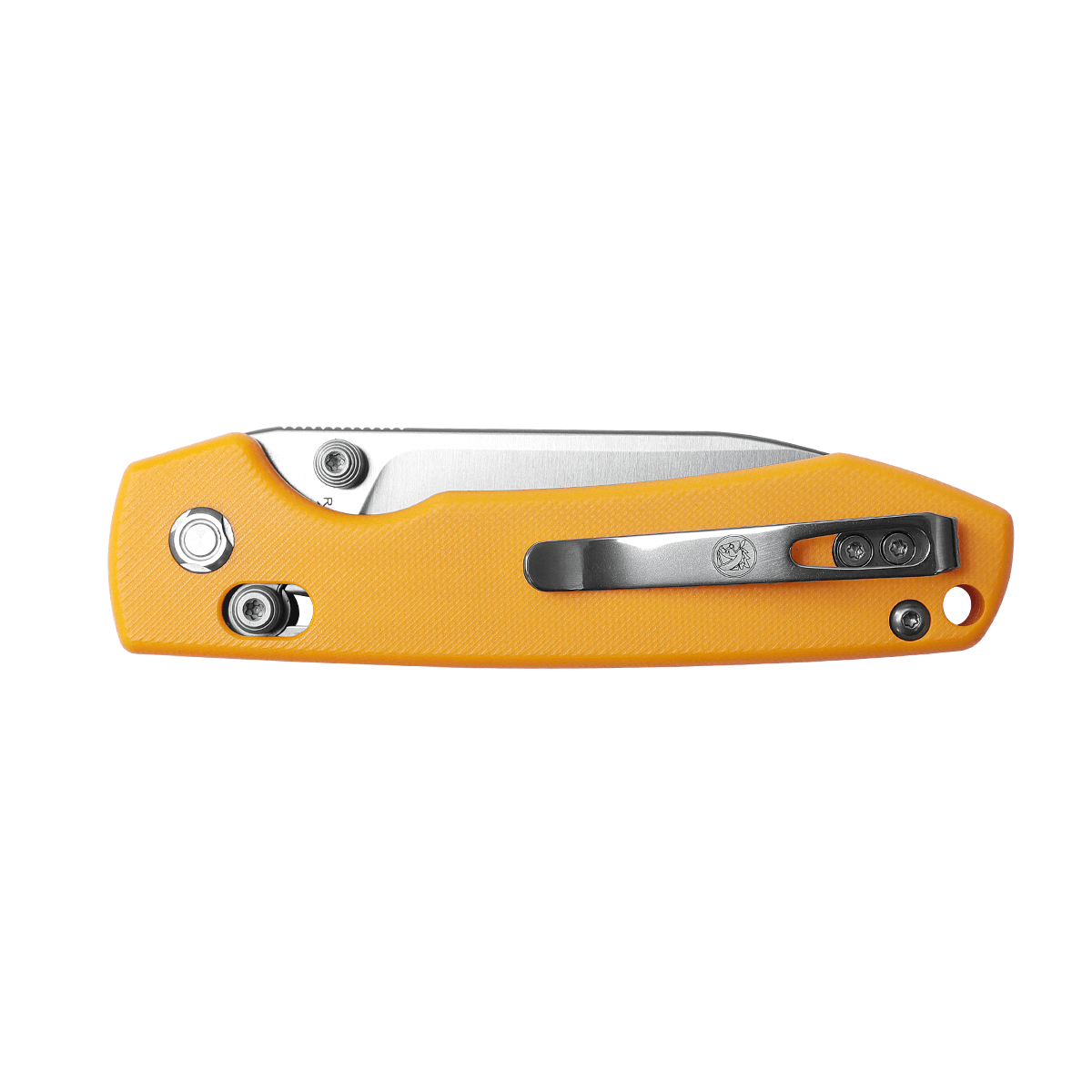 Vosteed Raccoon knife, yellow G10 handle, pocket clip detail