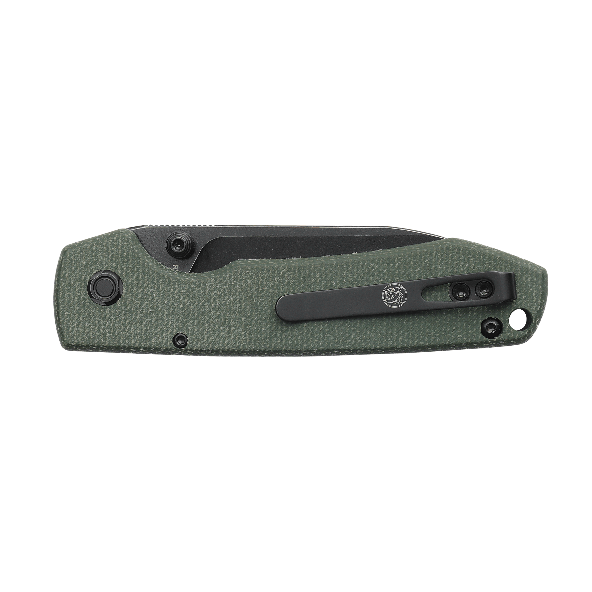 Vosteed Raccoon knife with green micarta handle and black pocket clip